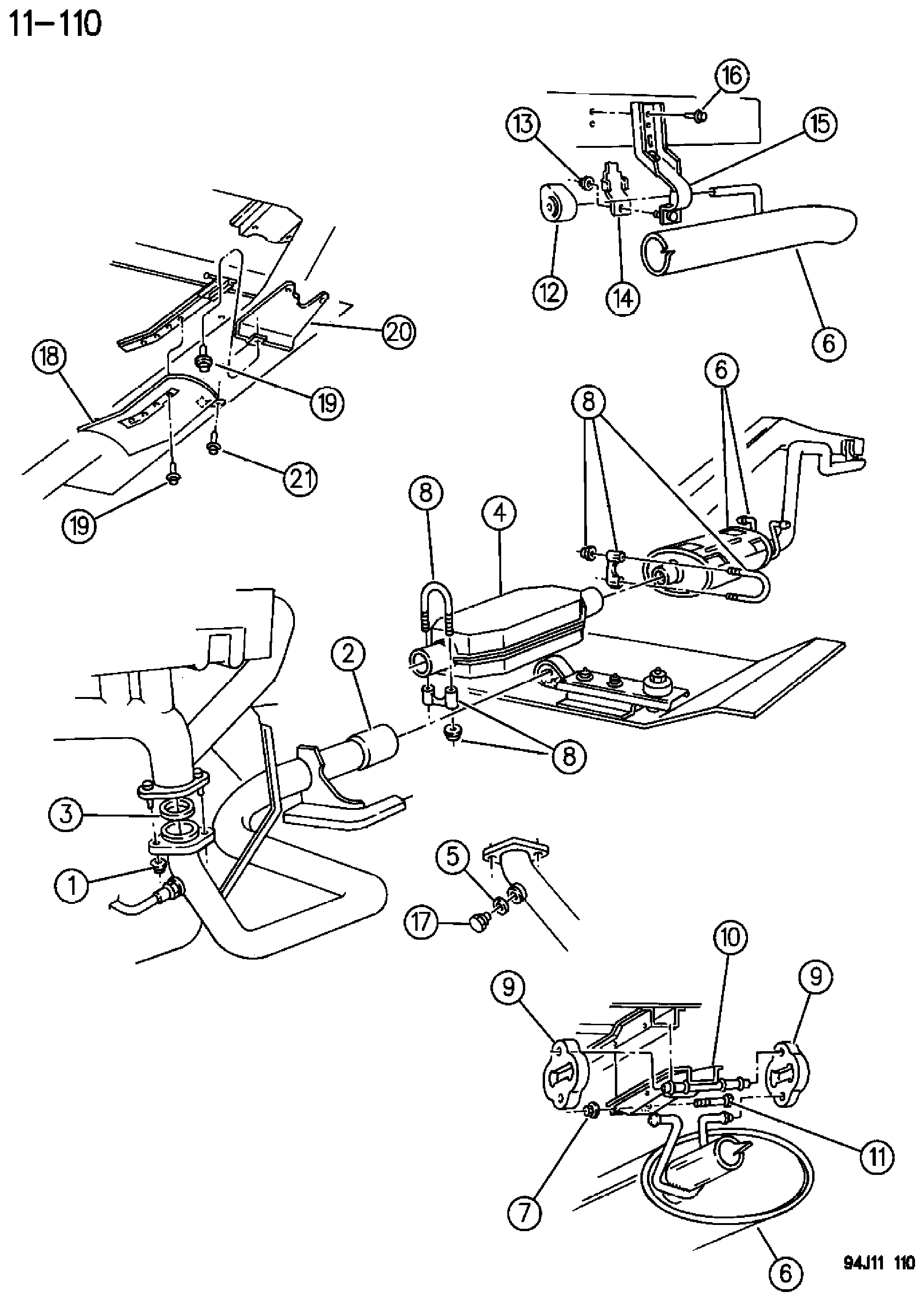 Exploded view: EXHAUST SYSTEM 2.5L, 4.0L ENGINE YJ BODY