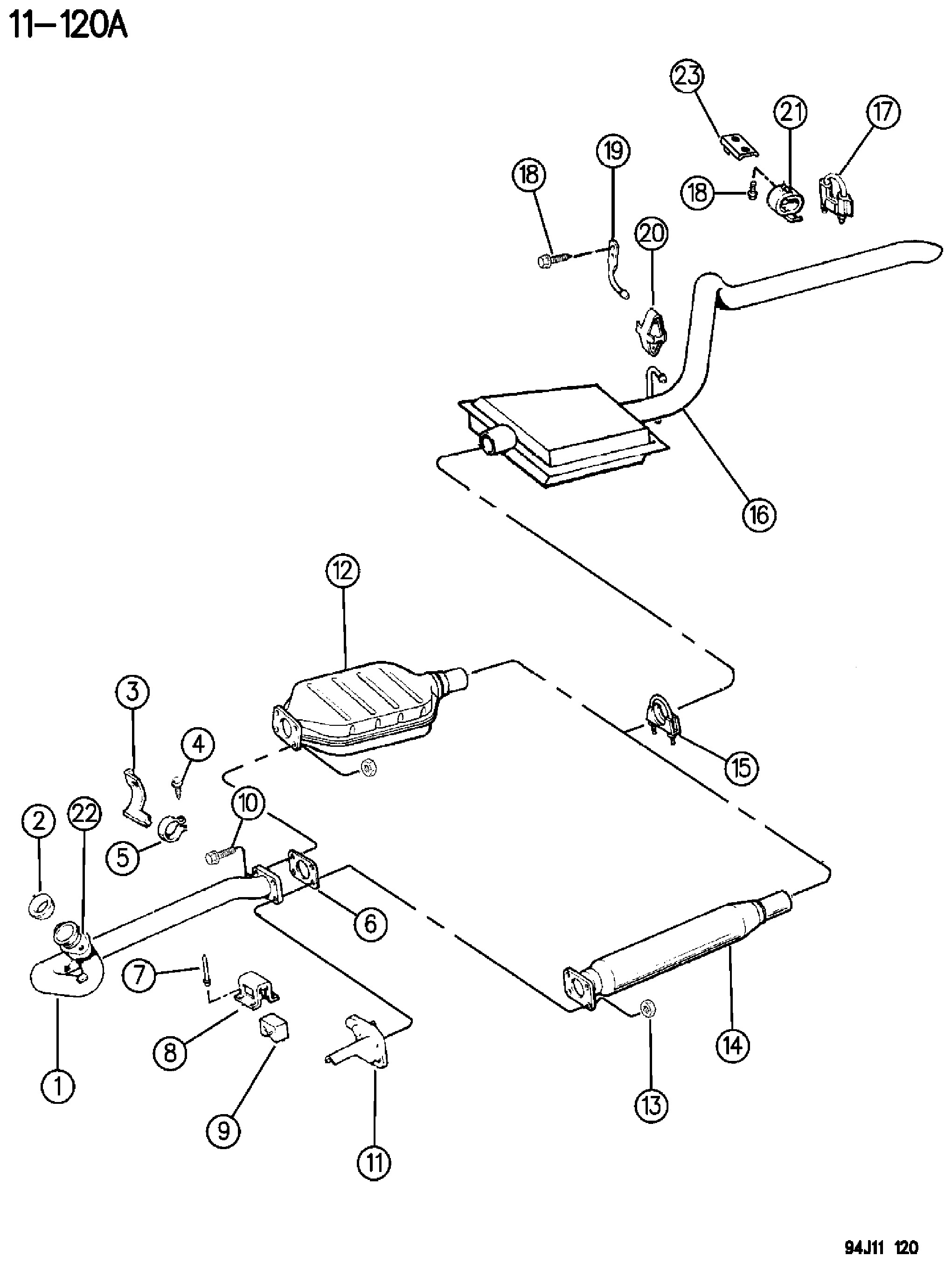 Exploded view: EXHAUST SYSTEM 2.5L, 4.0L ENGINE, EXCEPT DIESEL XJ BODY