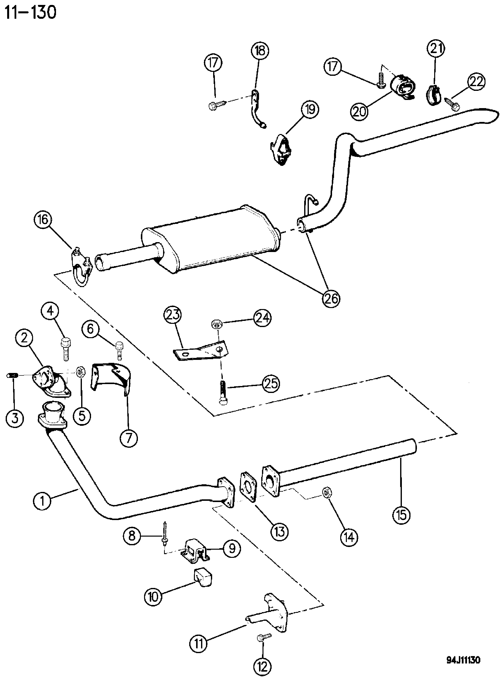 Exploded view: EXHAUST SYSTEM 2.1L DIESEL ENGINE XJ BODY