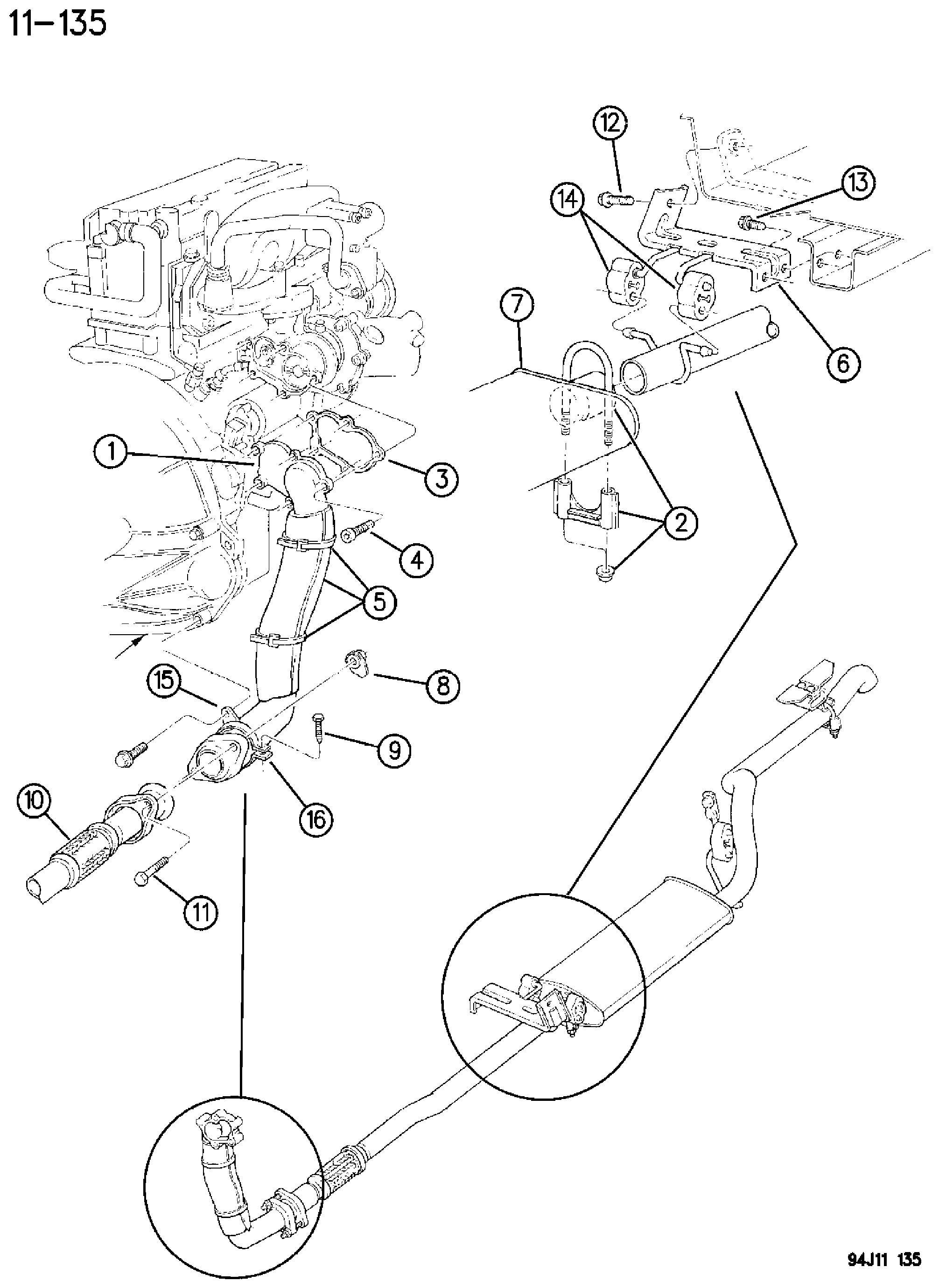 Exploded view: EXHAUST SYSTEM 2.5L DIESEL ENGINE XJ BODY (1 OF 2)