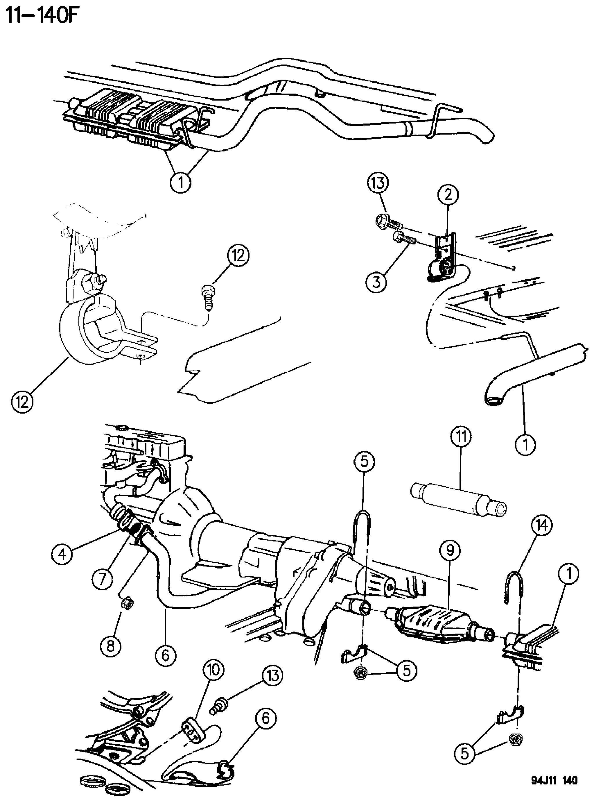 Exploded view: EXHAUST SYSTEM 4.0L, 5.2L ENGINE, EXCEPT DIESEL ZJ, ZG