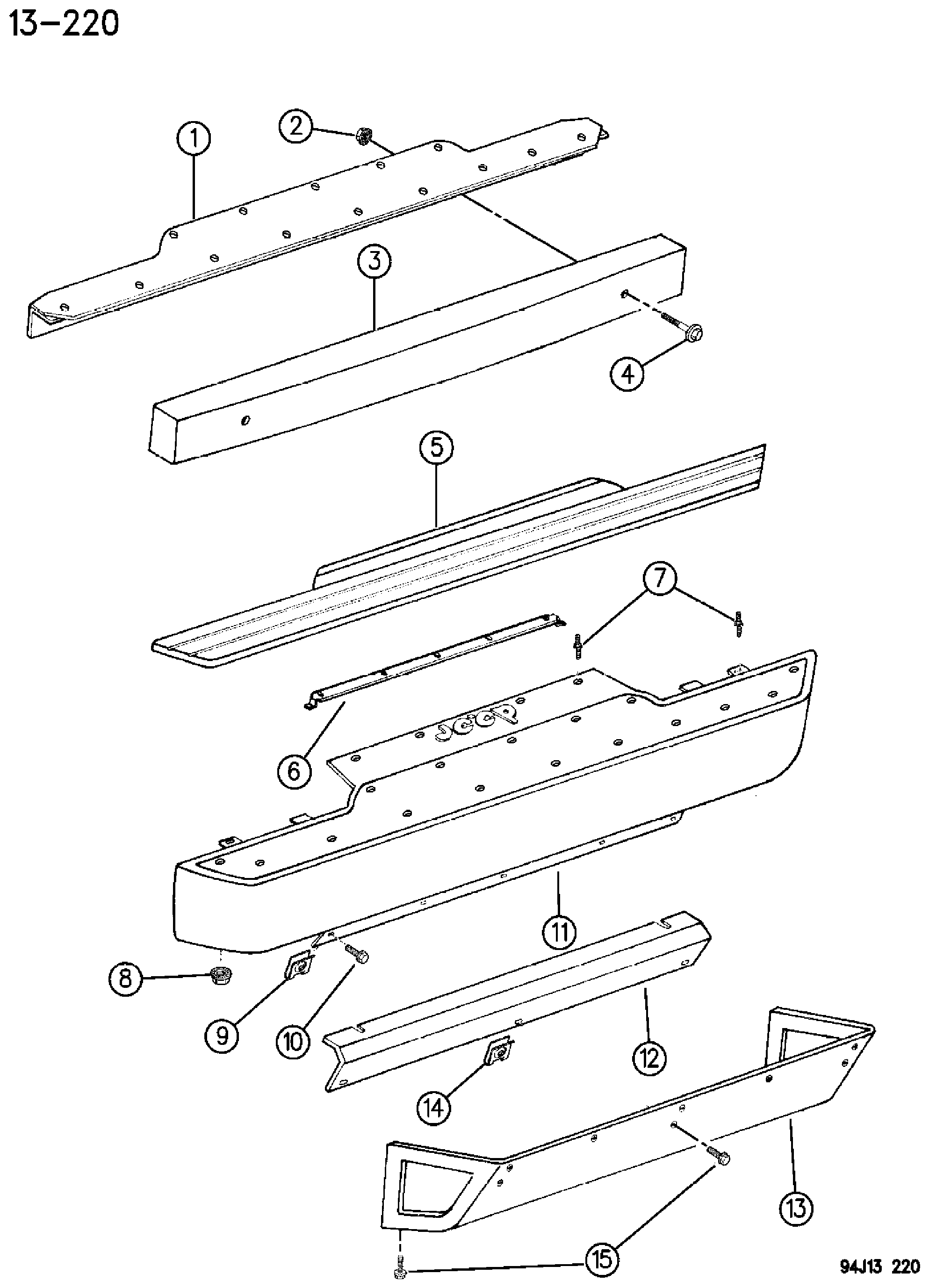 Exploded view: FRONT FASCIA AND SKID PLATE YJ BODY RENEGADE