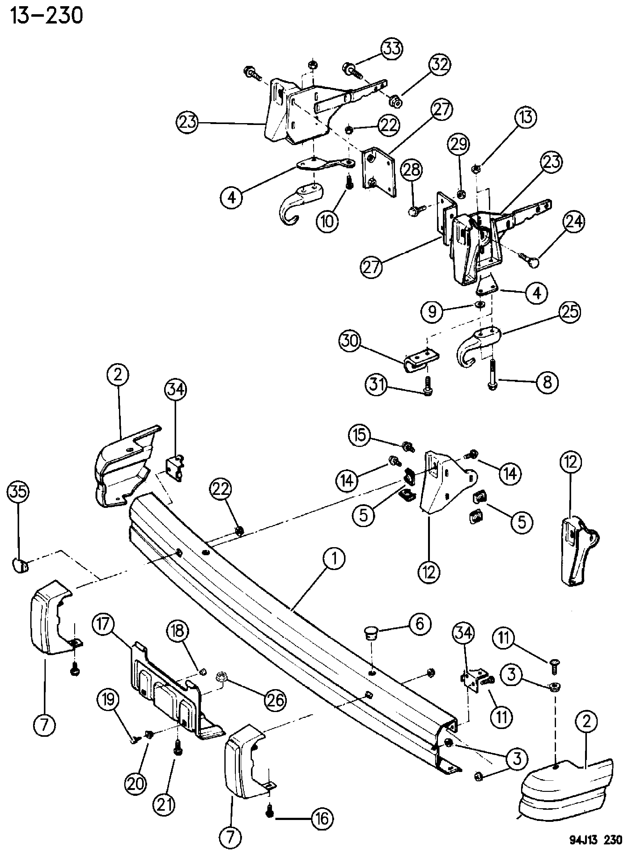 Exploded view: BUMPER, FRONT XJ BODY