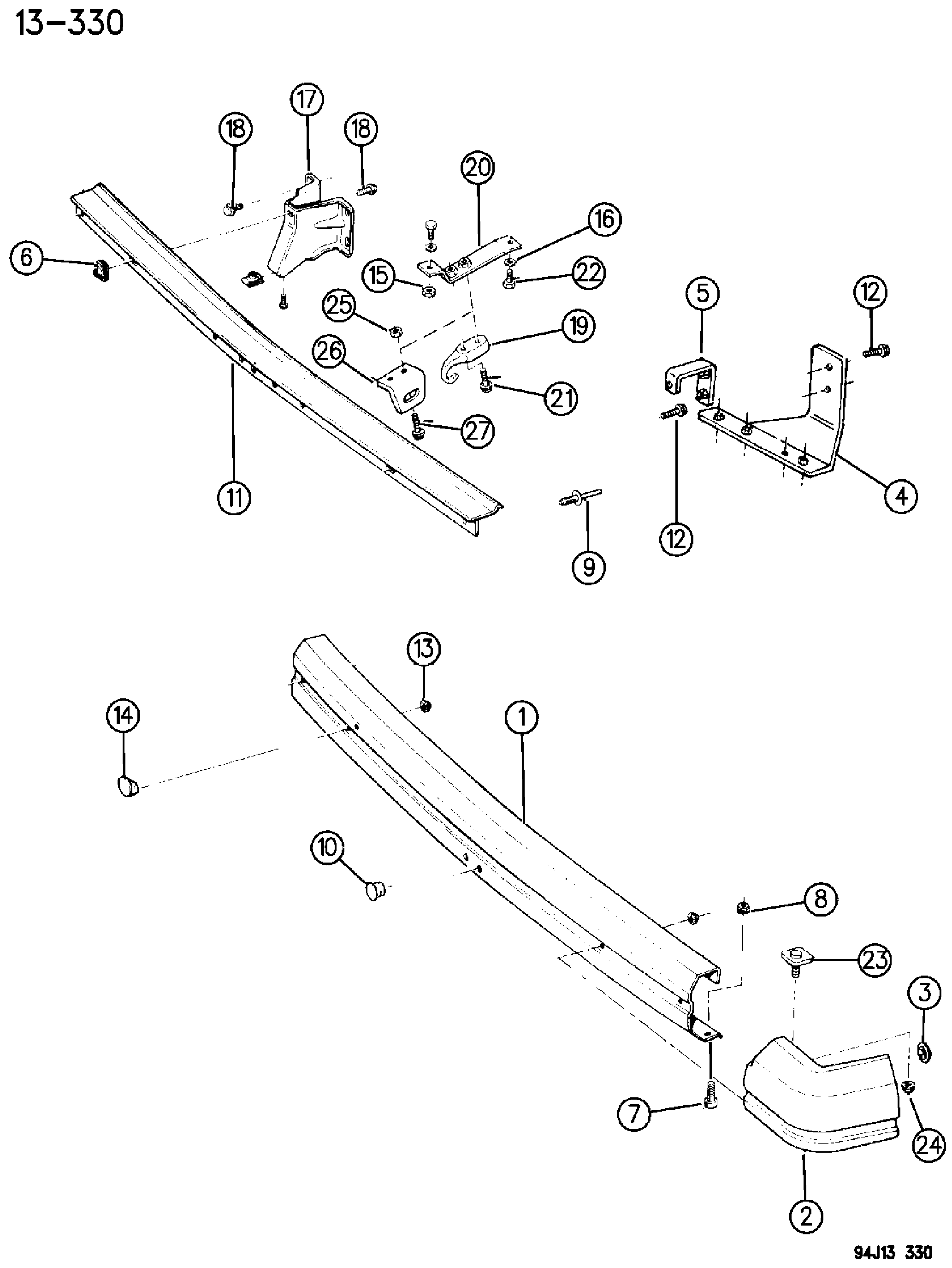 Exploded view: BUMPER, REAR XJ BODY