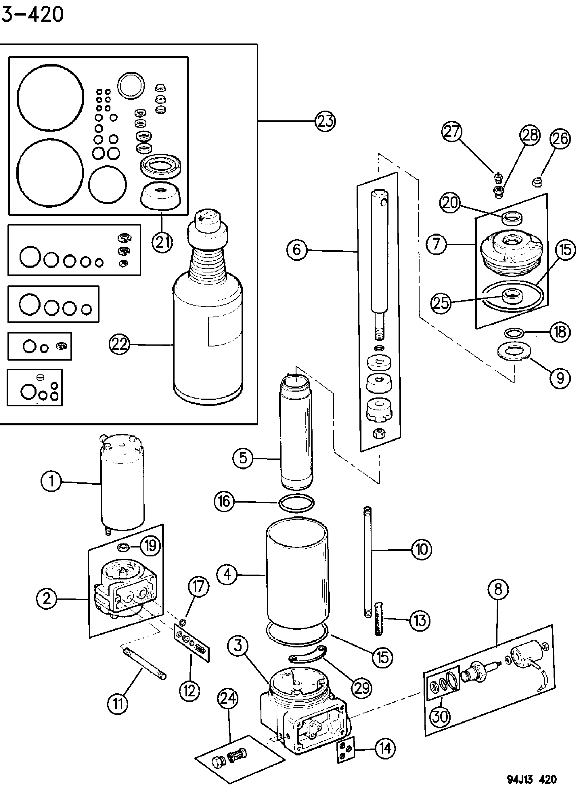 Exploded view: SNOW PLOW POWER LIFT UNIT YJ, XJ BODY