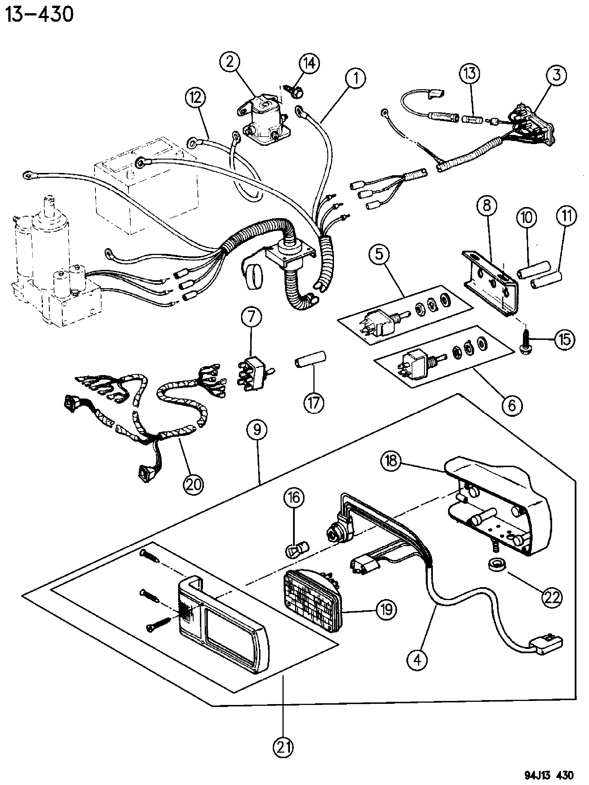 Exploded view: SNOW PLOW OPERATING CONTROLS AND SWITCHES YJ, XJ BODY