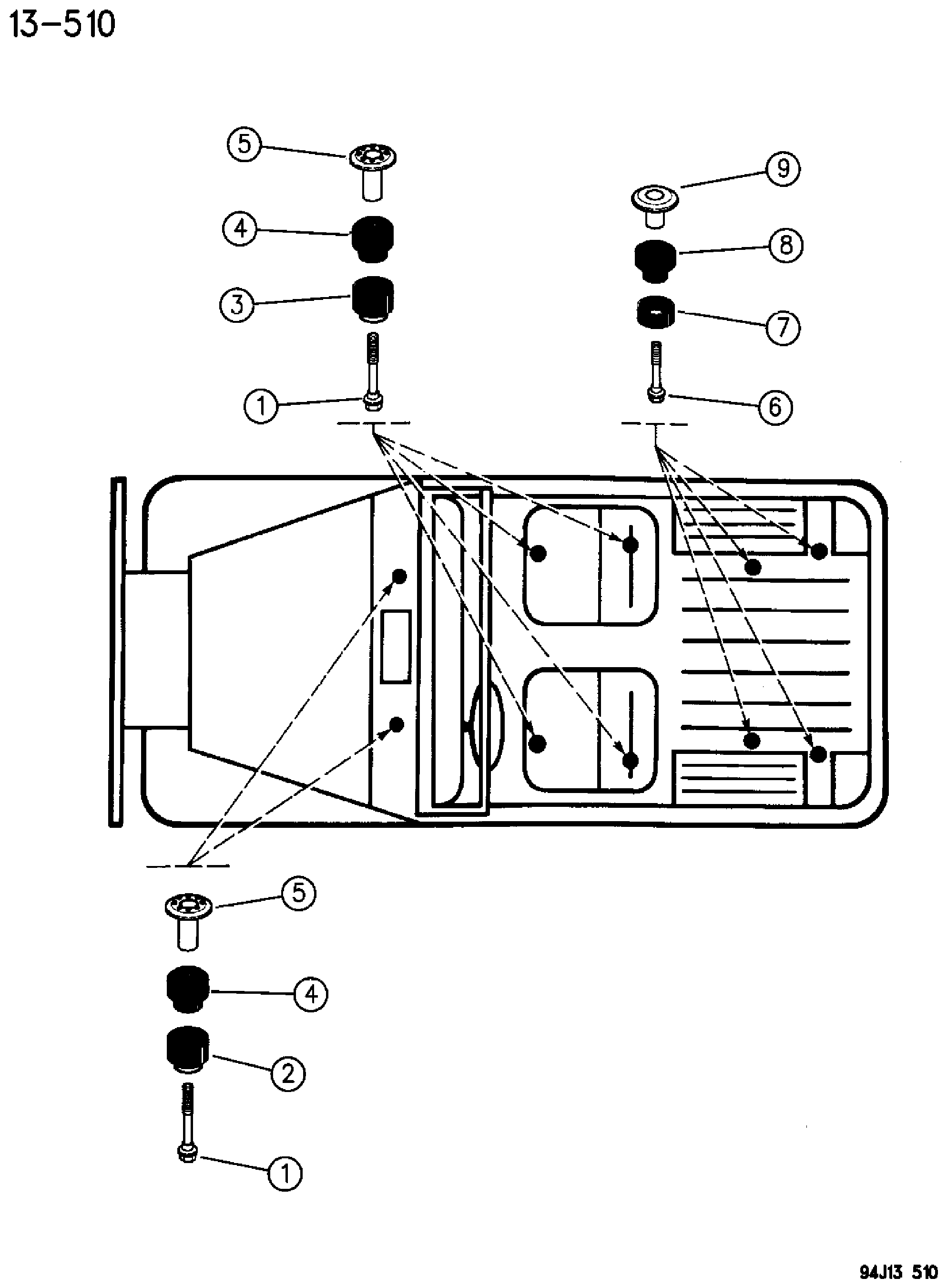 Exploded view: BODY MOUNTING HARDWARE YJ BODY
