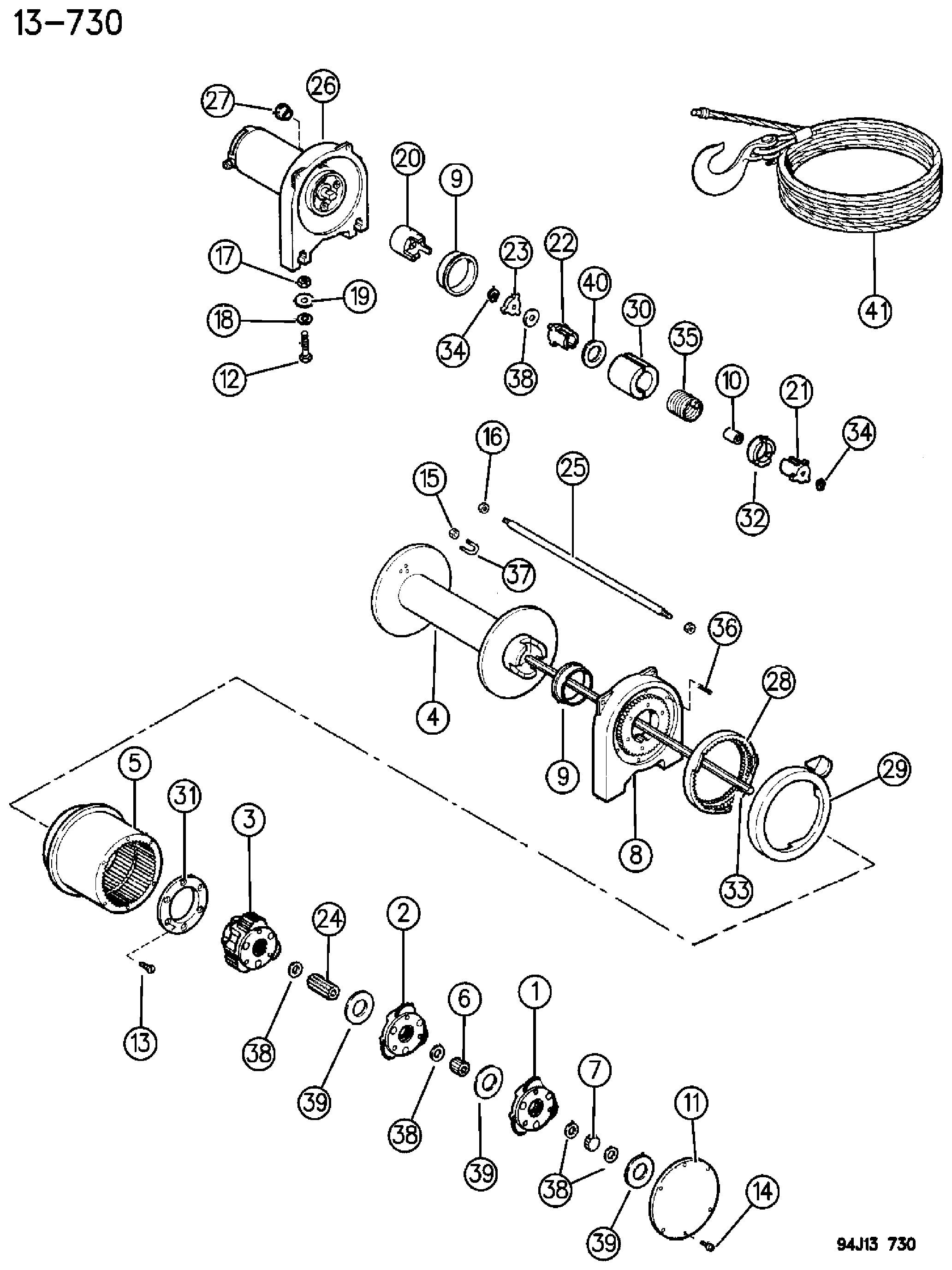 Exploded view: HIDDEN WINCH MOTOR AND DRUM XJ BODY