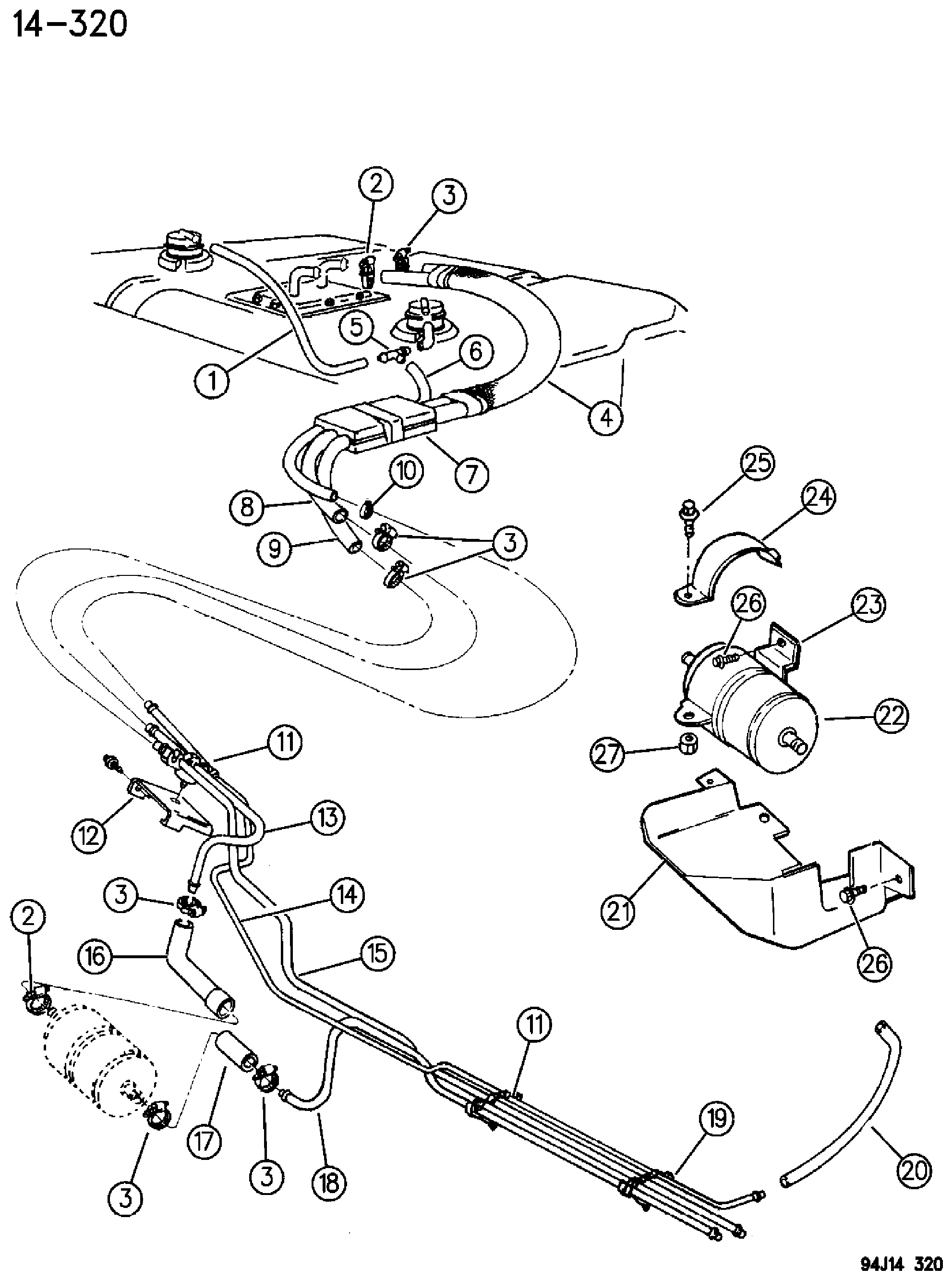 Exploded view: FUEL LINES, REAR YJ BODY
