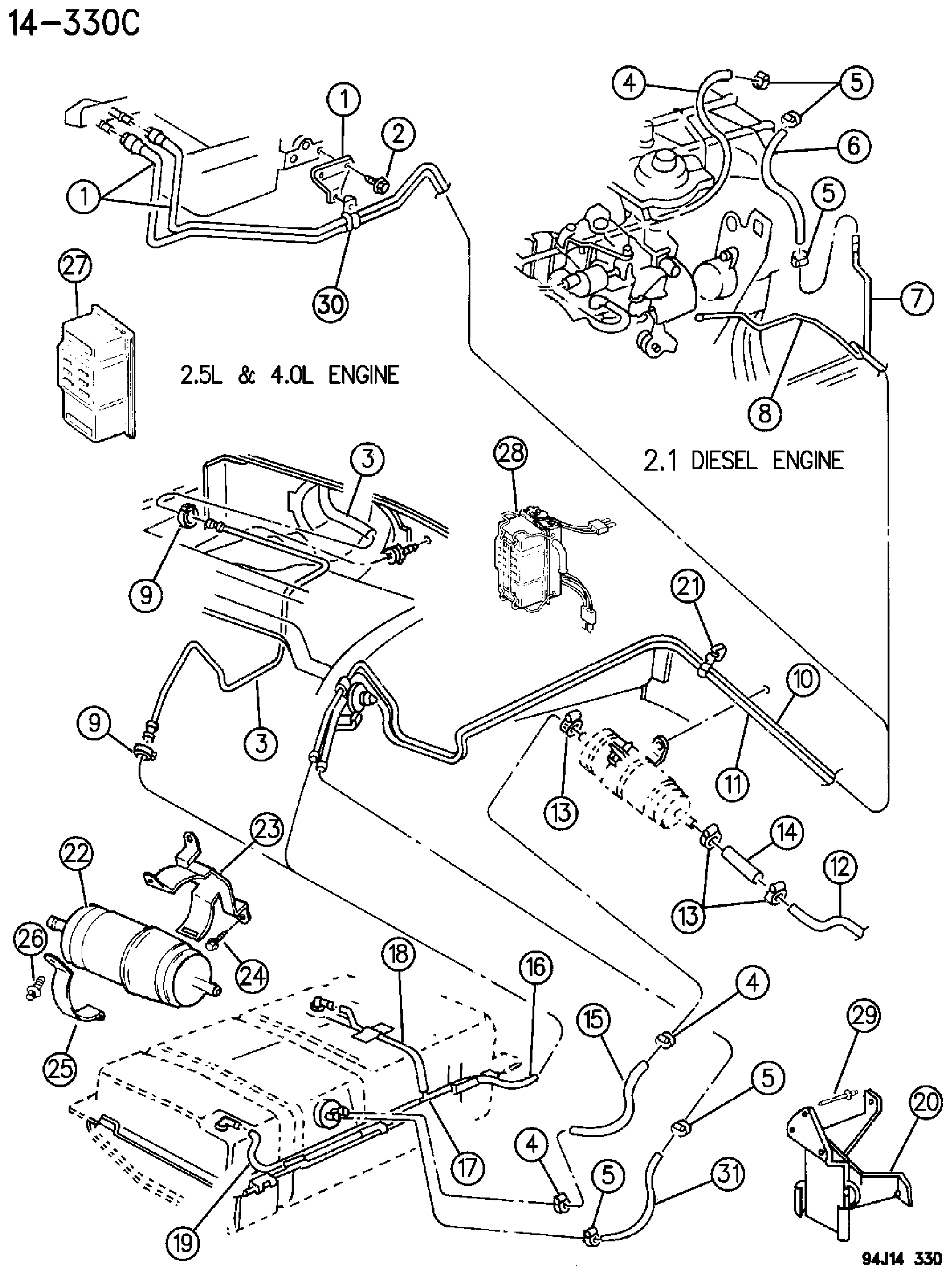 Exploded view: FUEL LINES, REAR XJ BODY