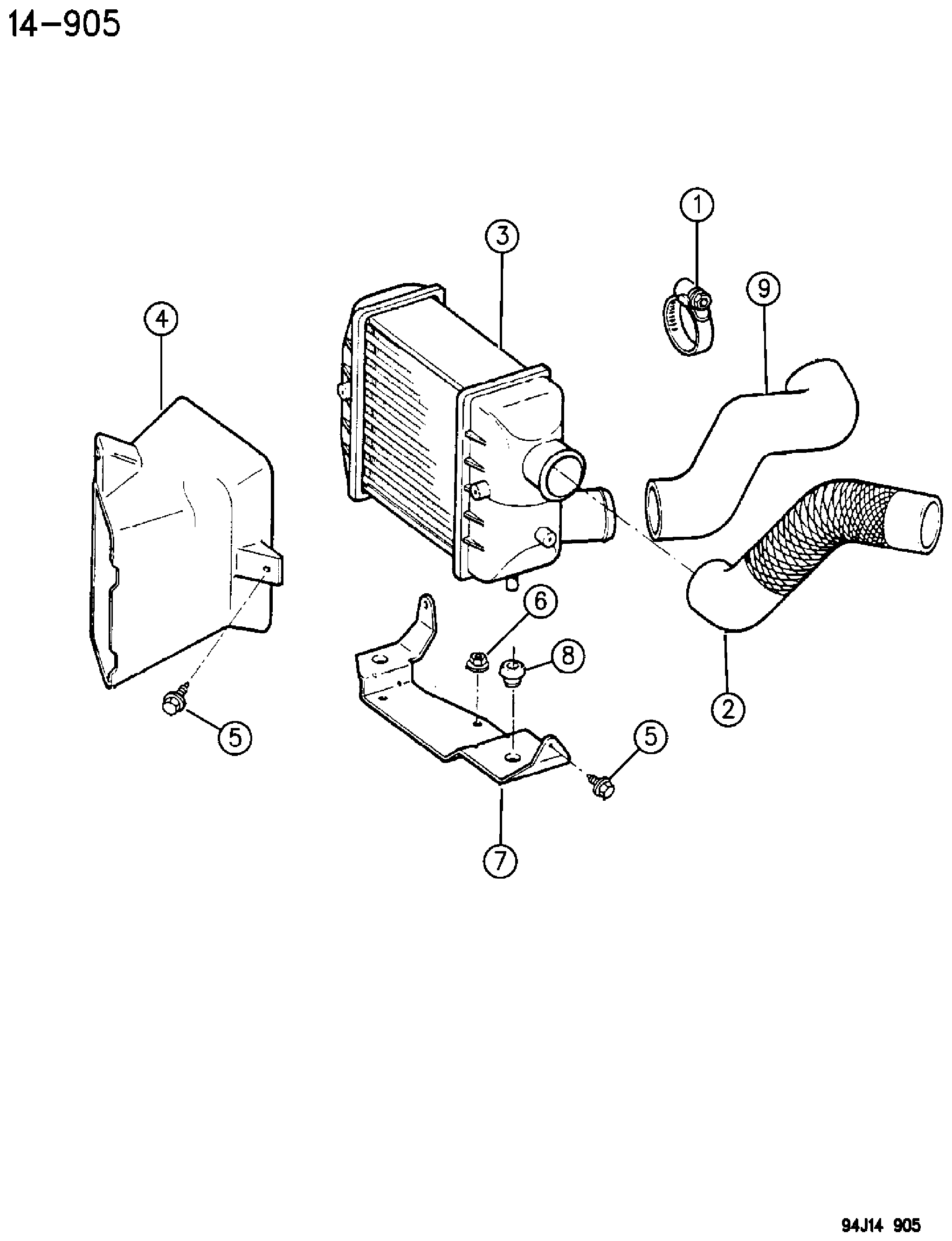 Exploded view: AIR INTAKE AND CHARGE AIR COOLER SYSTEM 2.1L DIESEL ENGINE XJ BODY