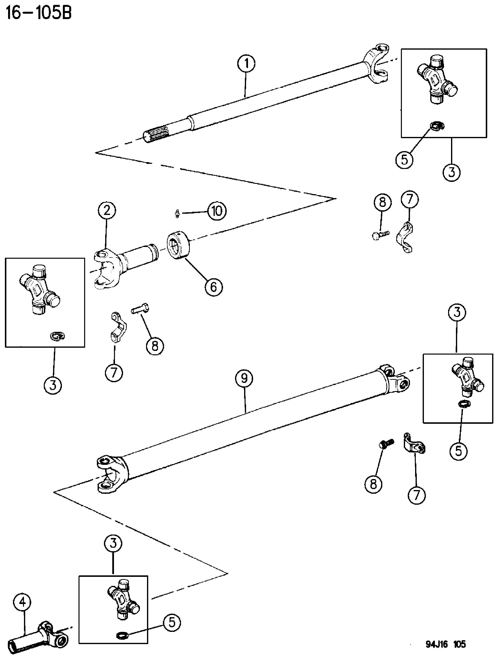 Exploded view: PROPELLER SHAFT AND UNIVERSAL JOINT YJ BODY
