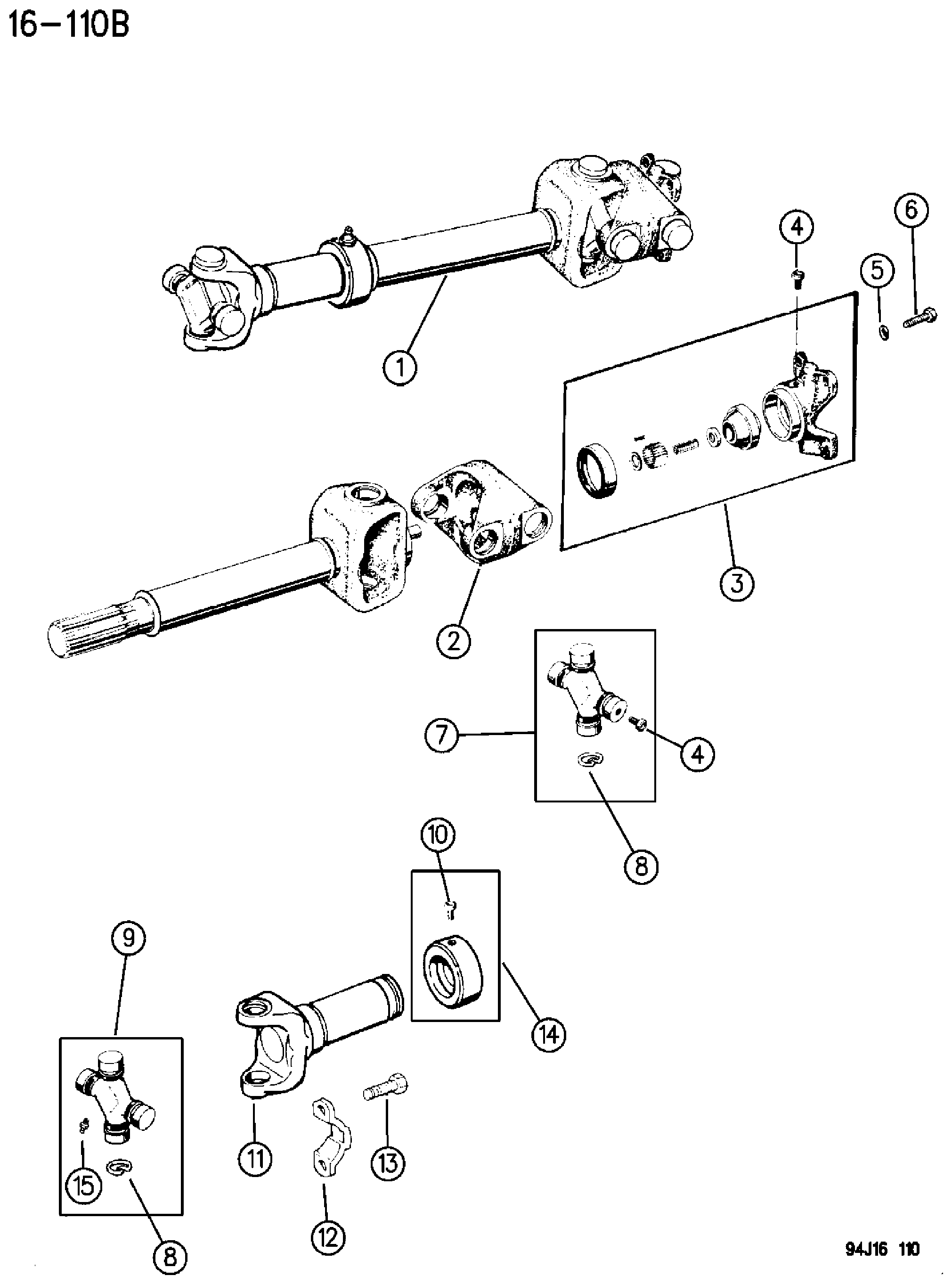 Exploded view: PROPELLER SHAFT AND UNIVERSAL JOINT, FRONT XJ, ZJ BODY