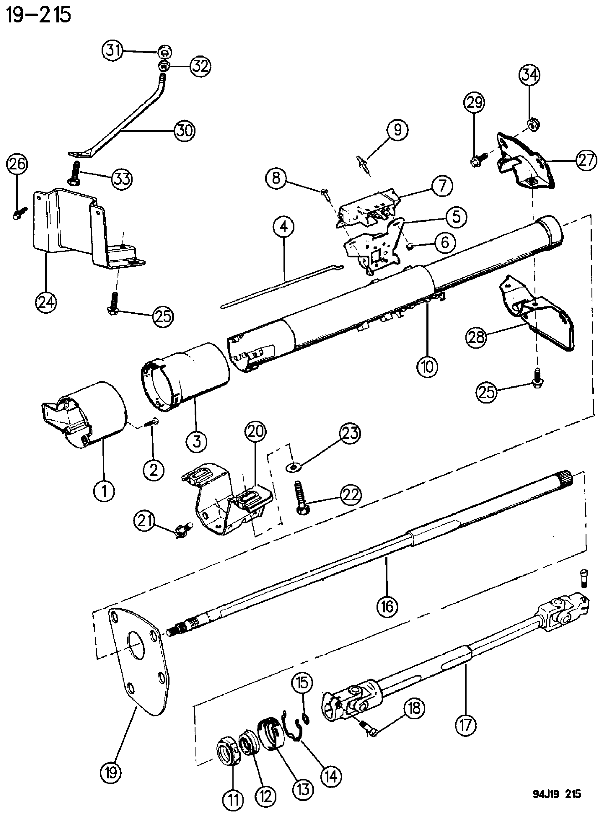Exploded view: HOUSING STEERING COLUMN LOWER W/FLOOR GEAR SHIFT, W/O TILT WRANGLER, (YJ)