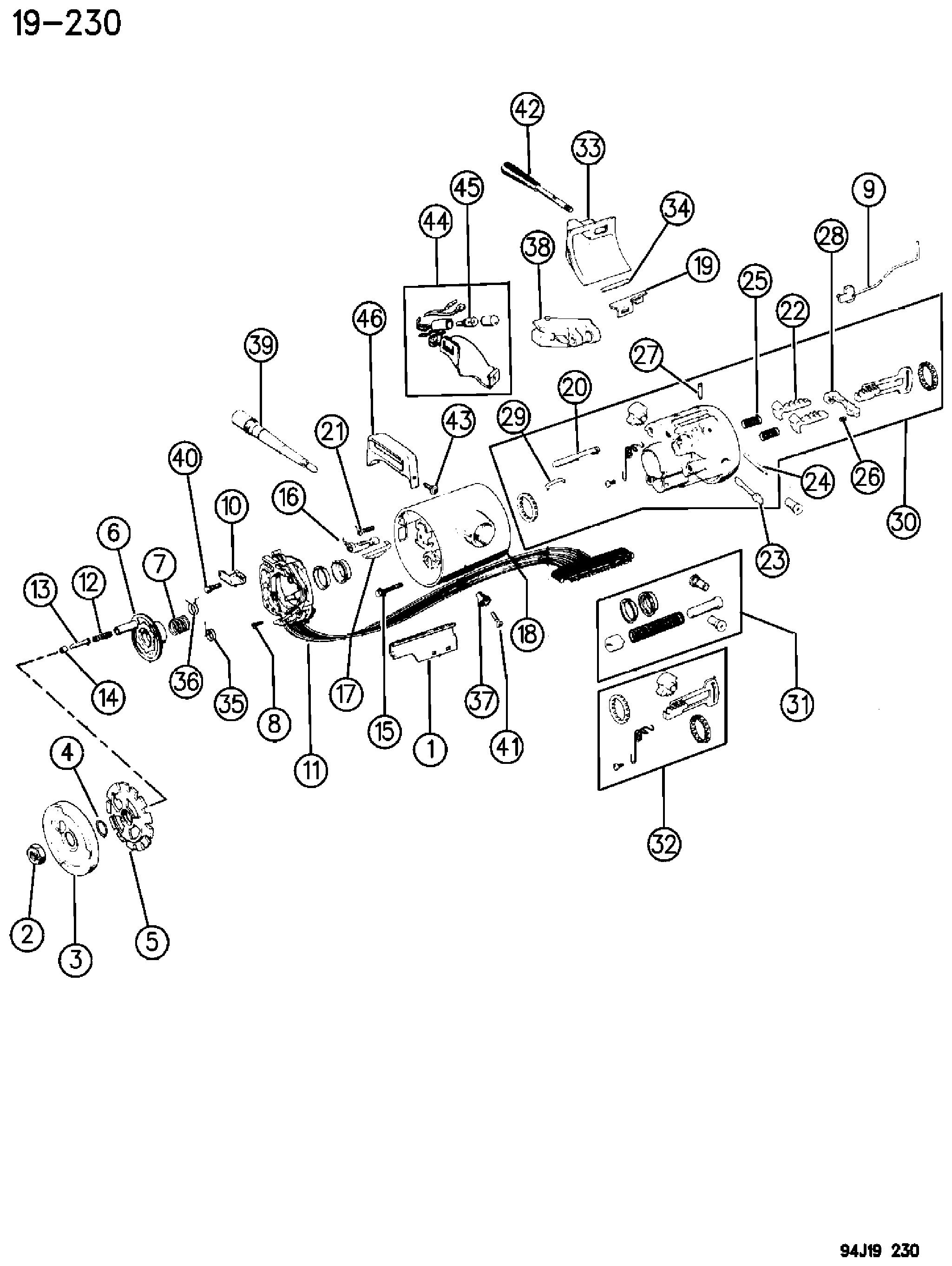 Exploded view: HOUSING STEERING COLUMN UPPER W/COLUMN GEAR SHIFT, W/TILT WRANGLER, (YJ)