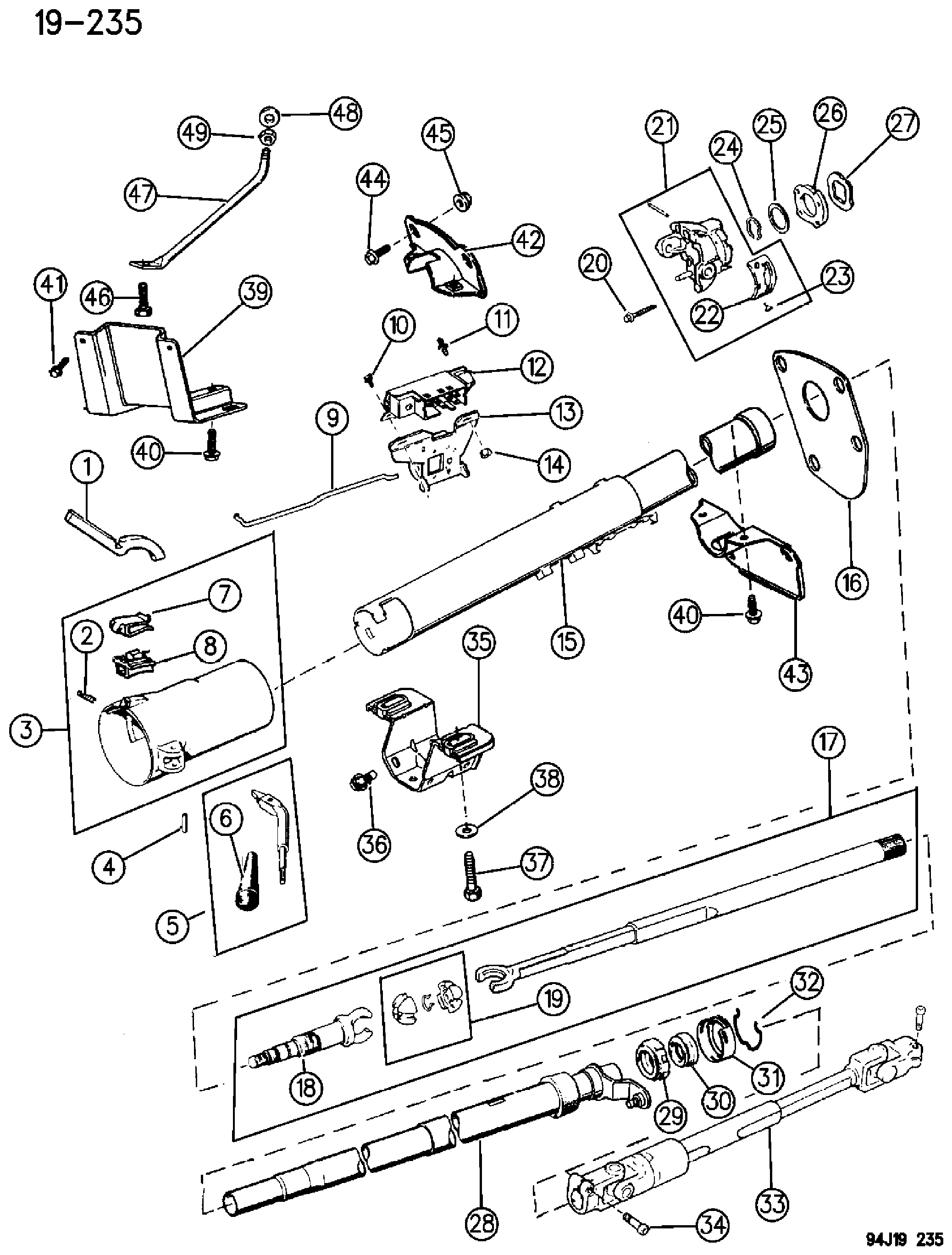 Exploded view: HOUSING STEERING COLUMN LOWER W/COLUMN GEAR SHIFT, W/TILT WRANGLER, (YJ)