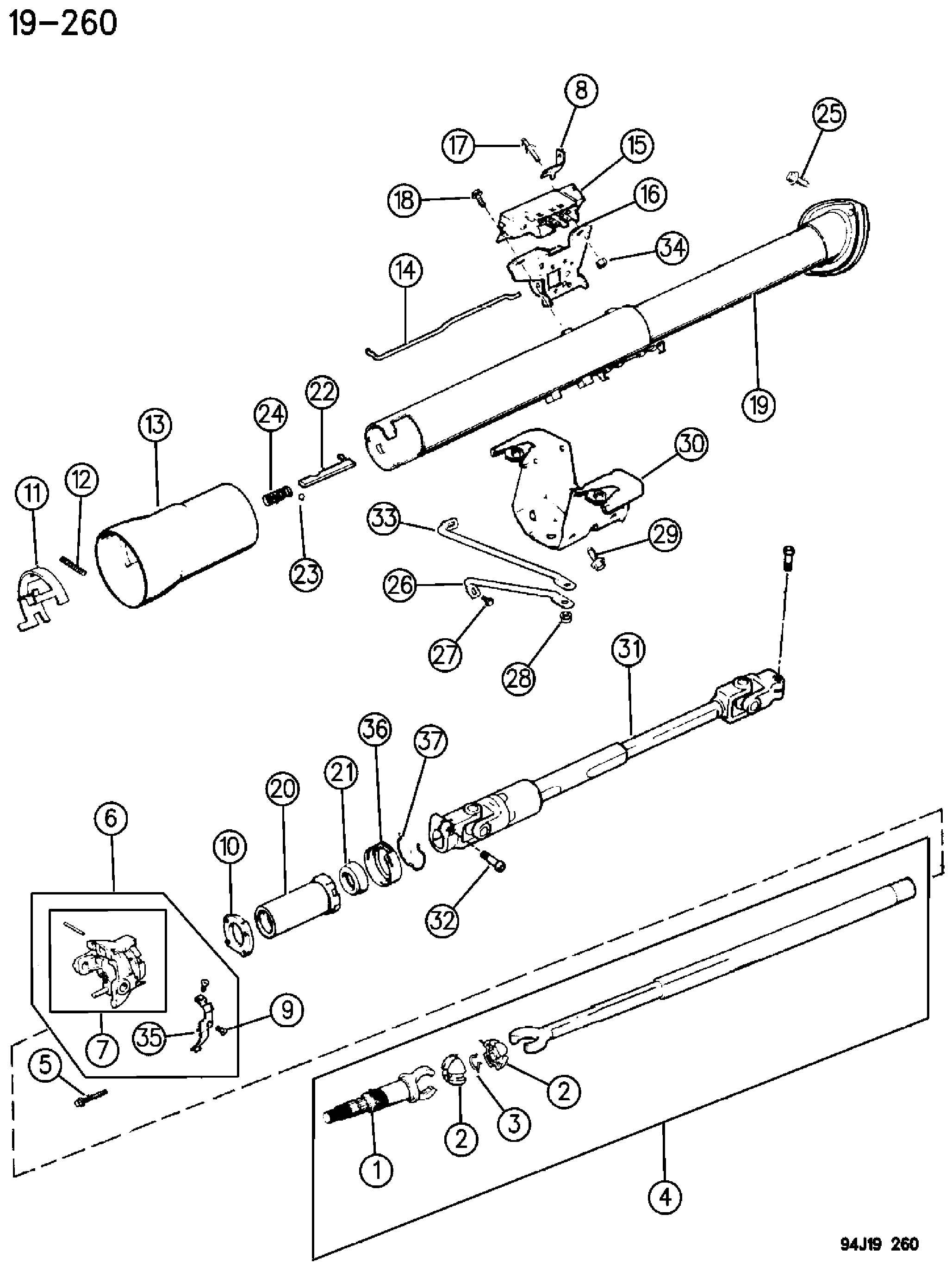 Exploded view: HOUSING STEERING COLUMN LOWER W/FLOOR GEAR SHIFT, W/TILT CHEROKEE (1994)