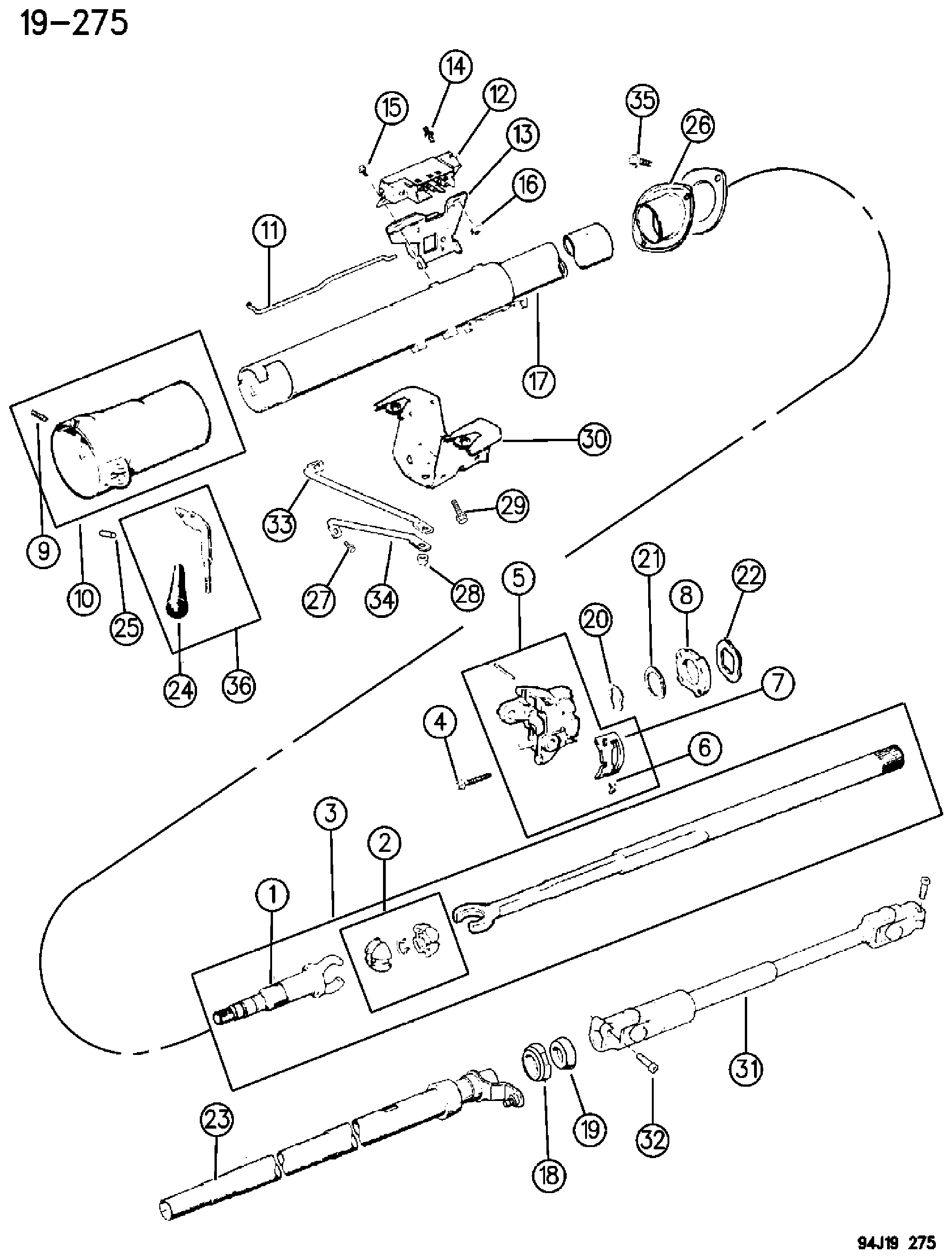 Exploded view: HOUSING STEERING COLUMN LOWER W/COLUMN GEAR SHIFT, W/TILT CHEROKEE (1994)