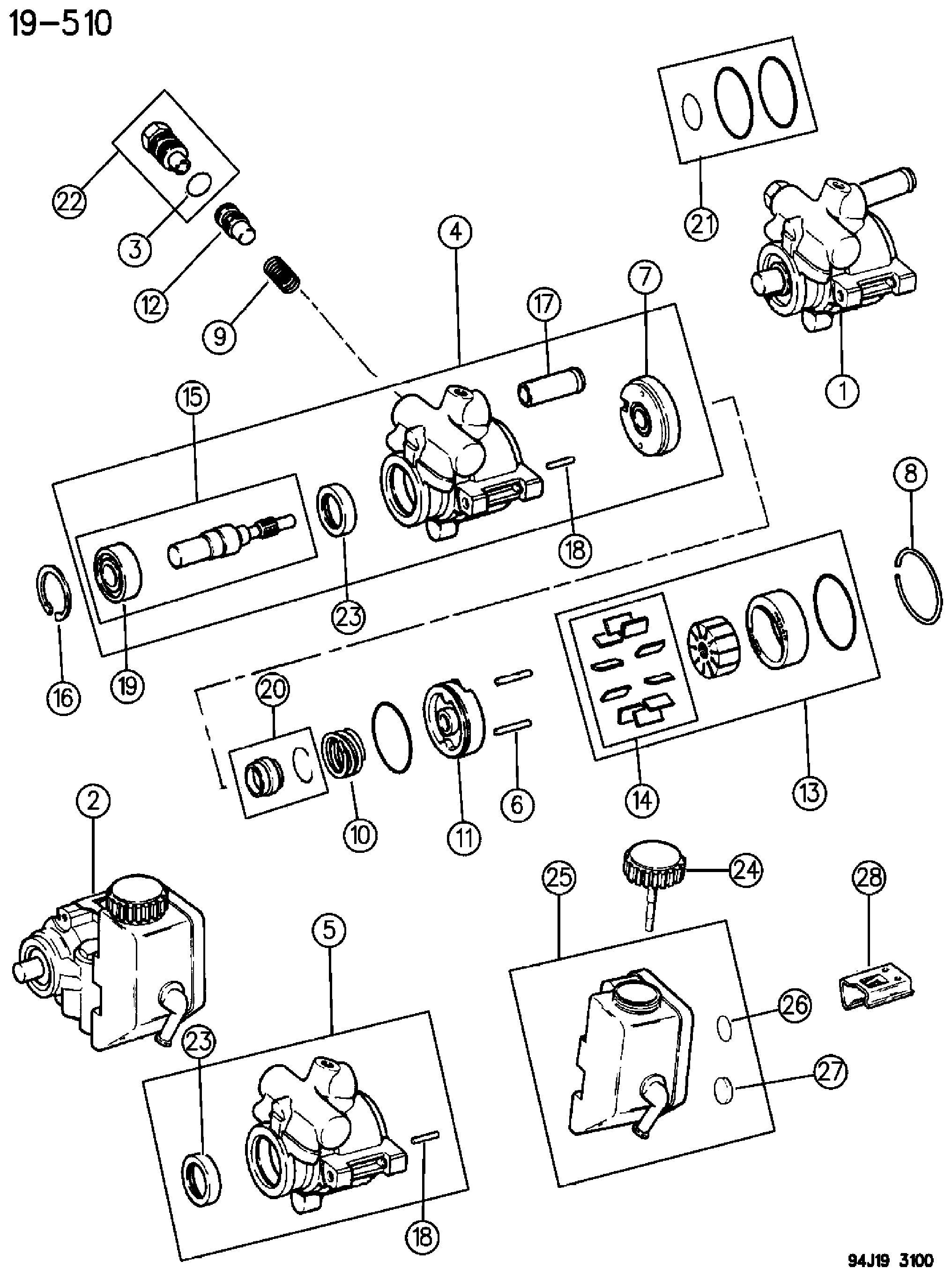 Exploded view: PUMP, POWER STEERING WRANGLER, CHEROKEE GRAND CHEROKEE (ZJ)