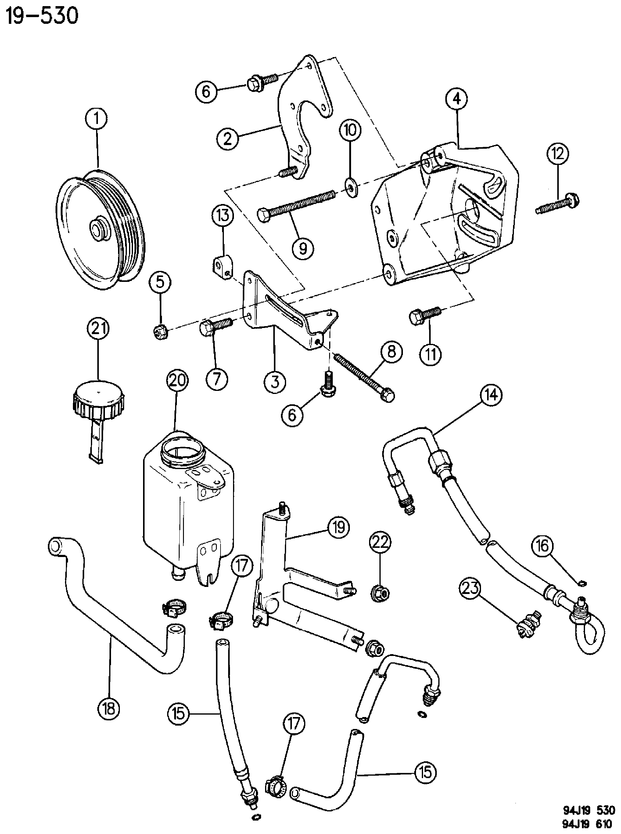 Exploded view: PUMP MOUNTING, POWER STEERING WRANGLER, CHEROKEE,GRAND CHEROKEE (ZJ)
