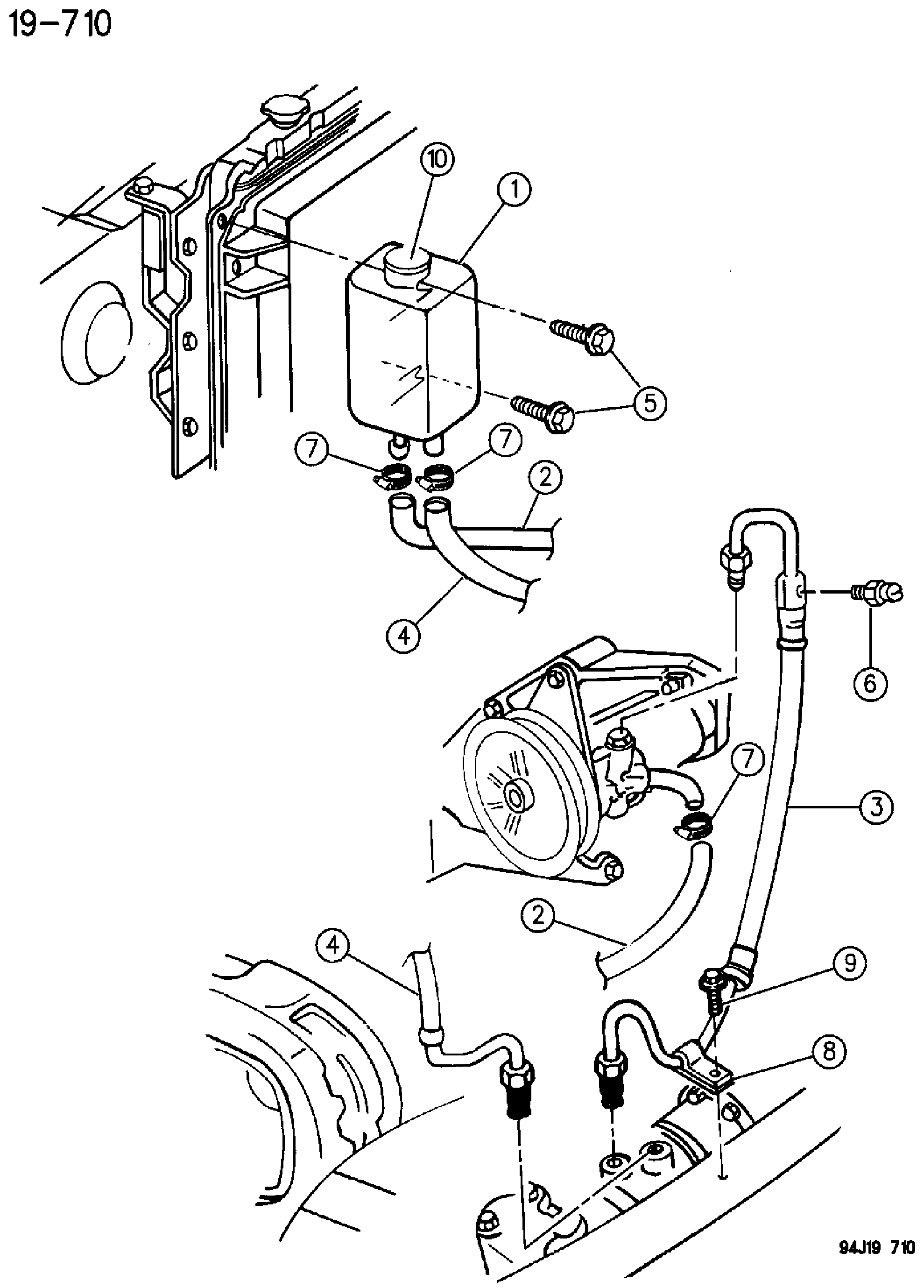 Exploded view: HOSES AND RESERVOIR, POWER STEERING WRANGLER (YJ)