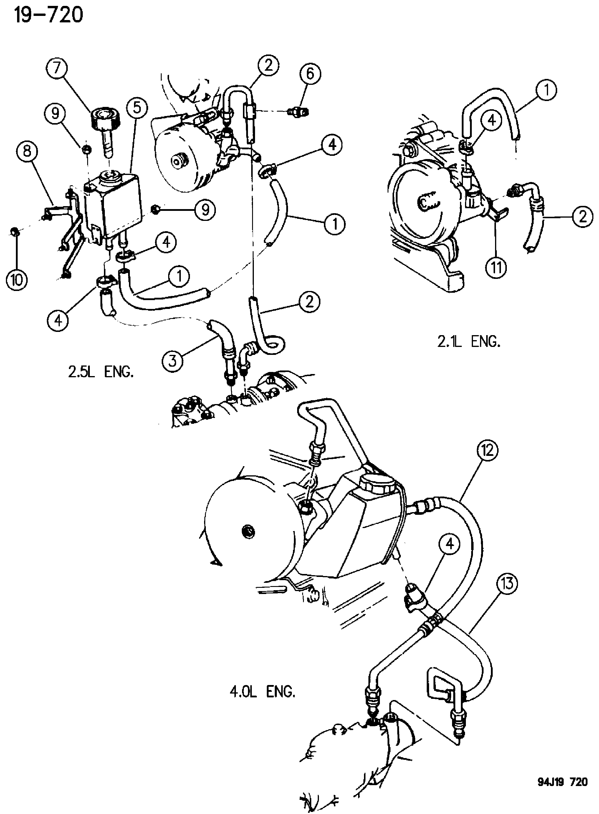 Exploded view: HOSES AND RESERVOIR, POWER STEERING CHEROKEE, GRAND CHEROKEE (ZJ)