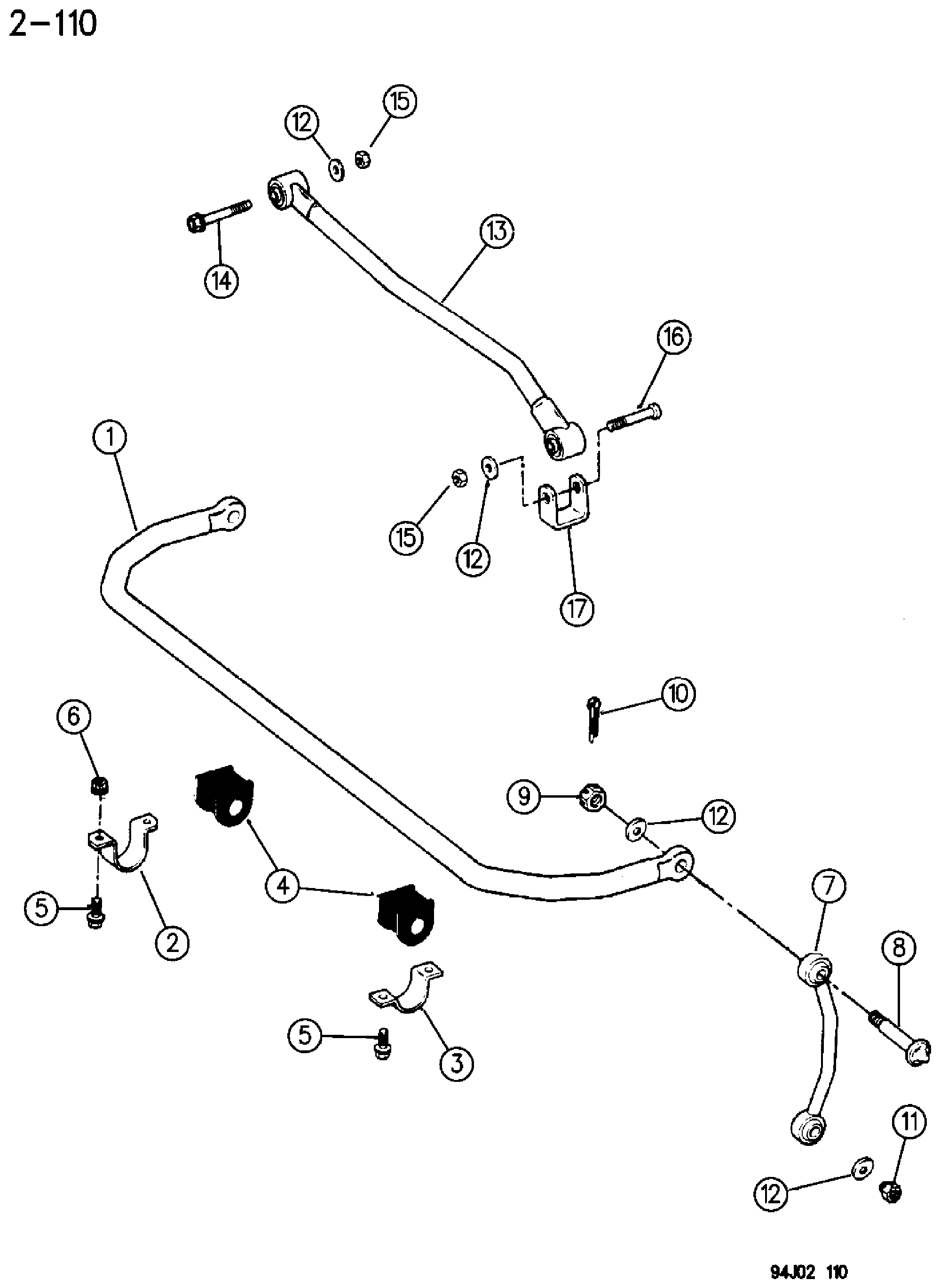 Exploded view: BAR, FRONT STABILIZER WRANGLER, (YJ)