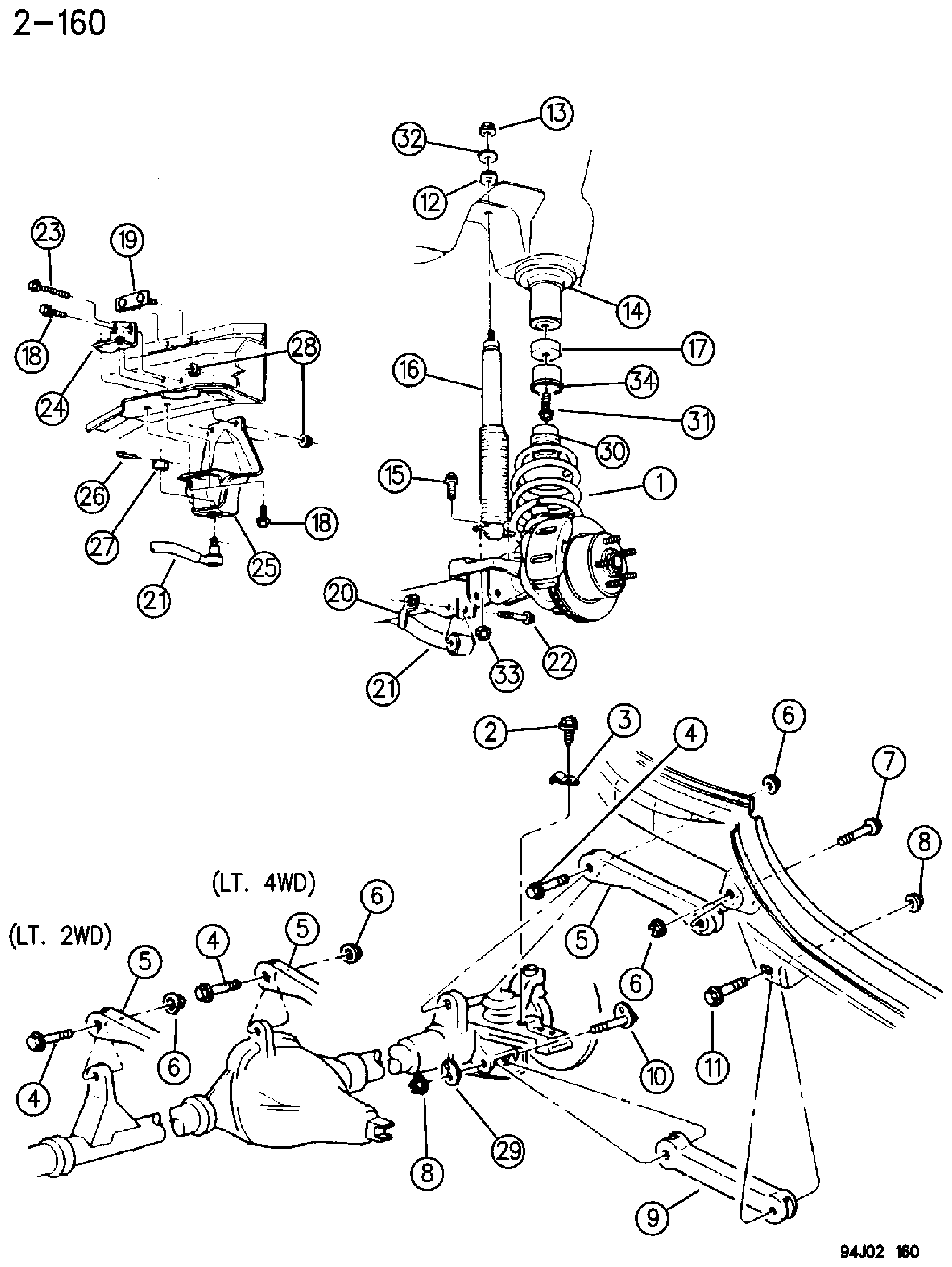 Exploded view: SUSPENSION, FRONT SPRING WITH CONTROL ARMS AND TRACK BAR GRAND CHEROKEE (ZJ)