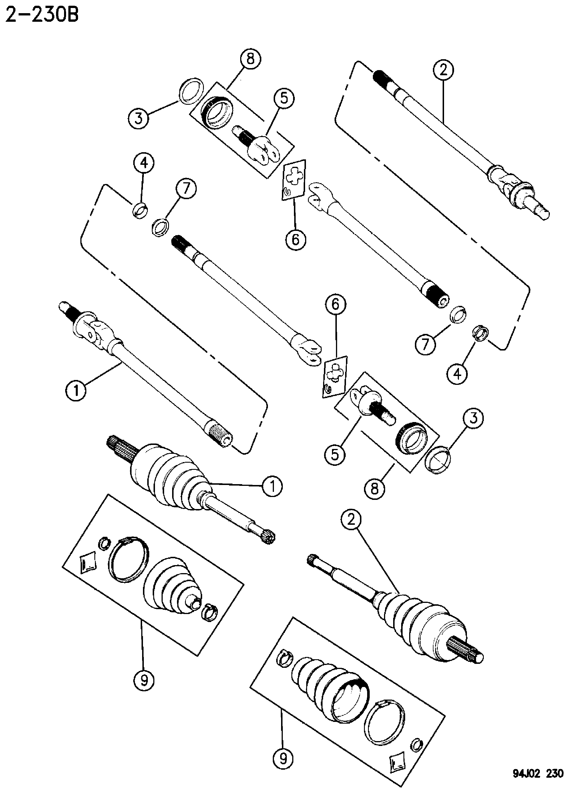 Exploded view: SHAFTS, FRONT AXLE W/O DISCONNECT CHEROKEE, GRAND CHEROKEE (ZJ)