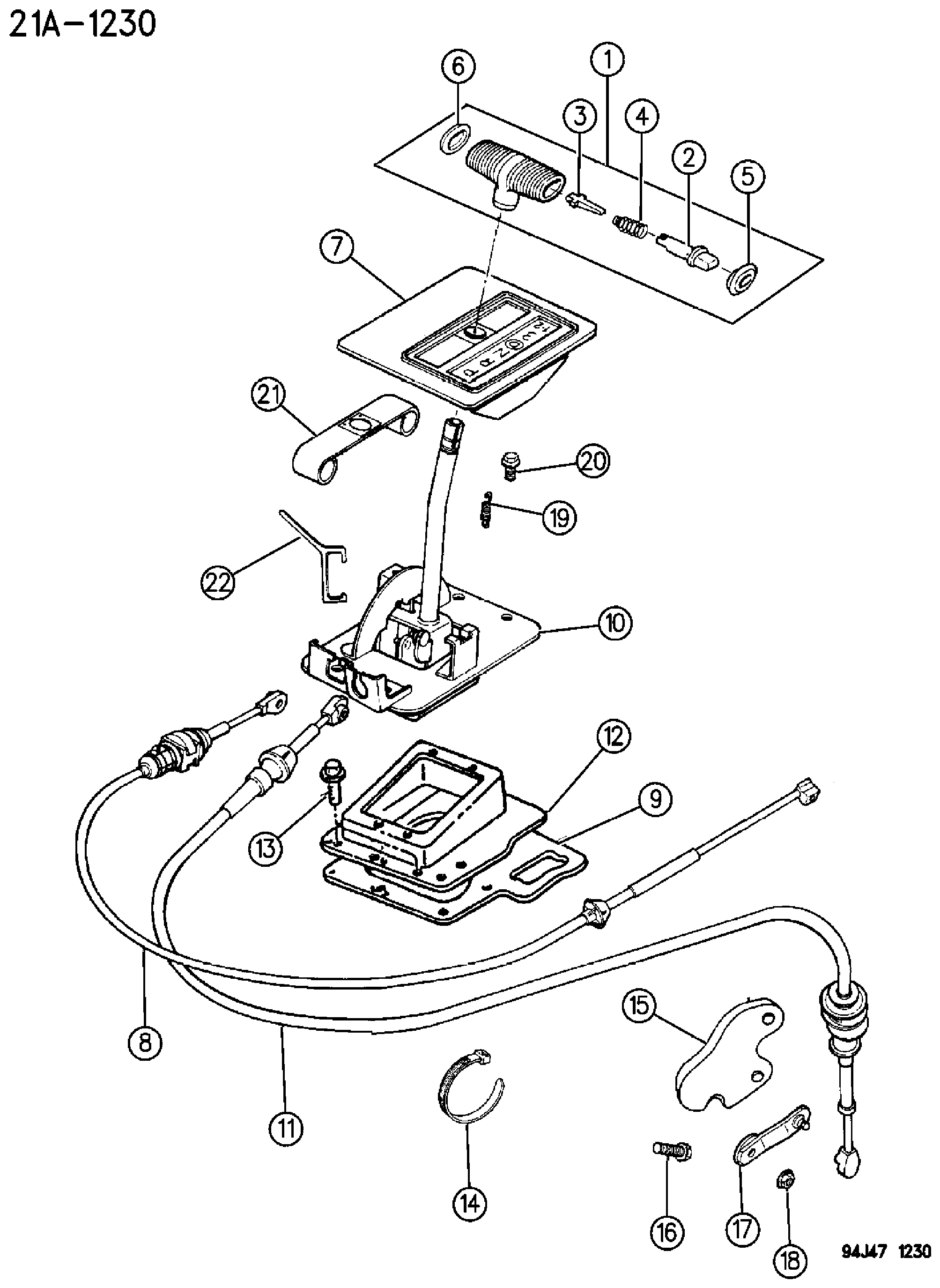 Exploded view: CONTROLS, GEARSHIFT, FLOOR MOUNTED AUTOMATIC TRANSMISSION CHEROKEE XJ