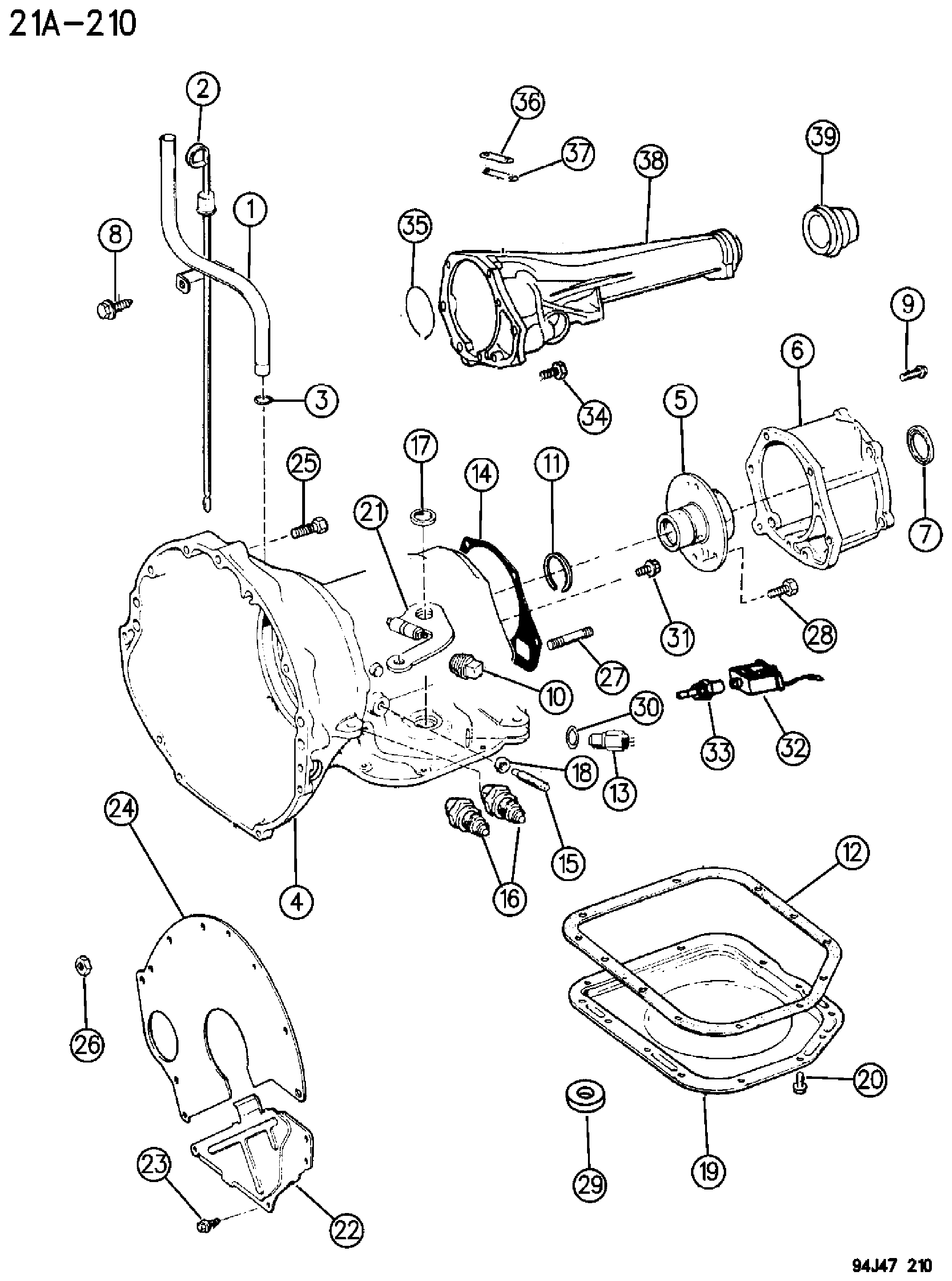 Exploded view: CASE AND RELATED PARTS AUTOMATIC TRANSMISSION, 3 SPEED, 30RH WRANGLER YJ - CHEROKEE XJ