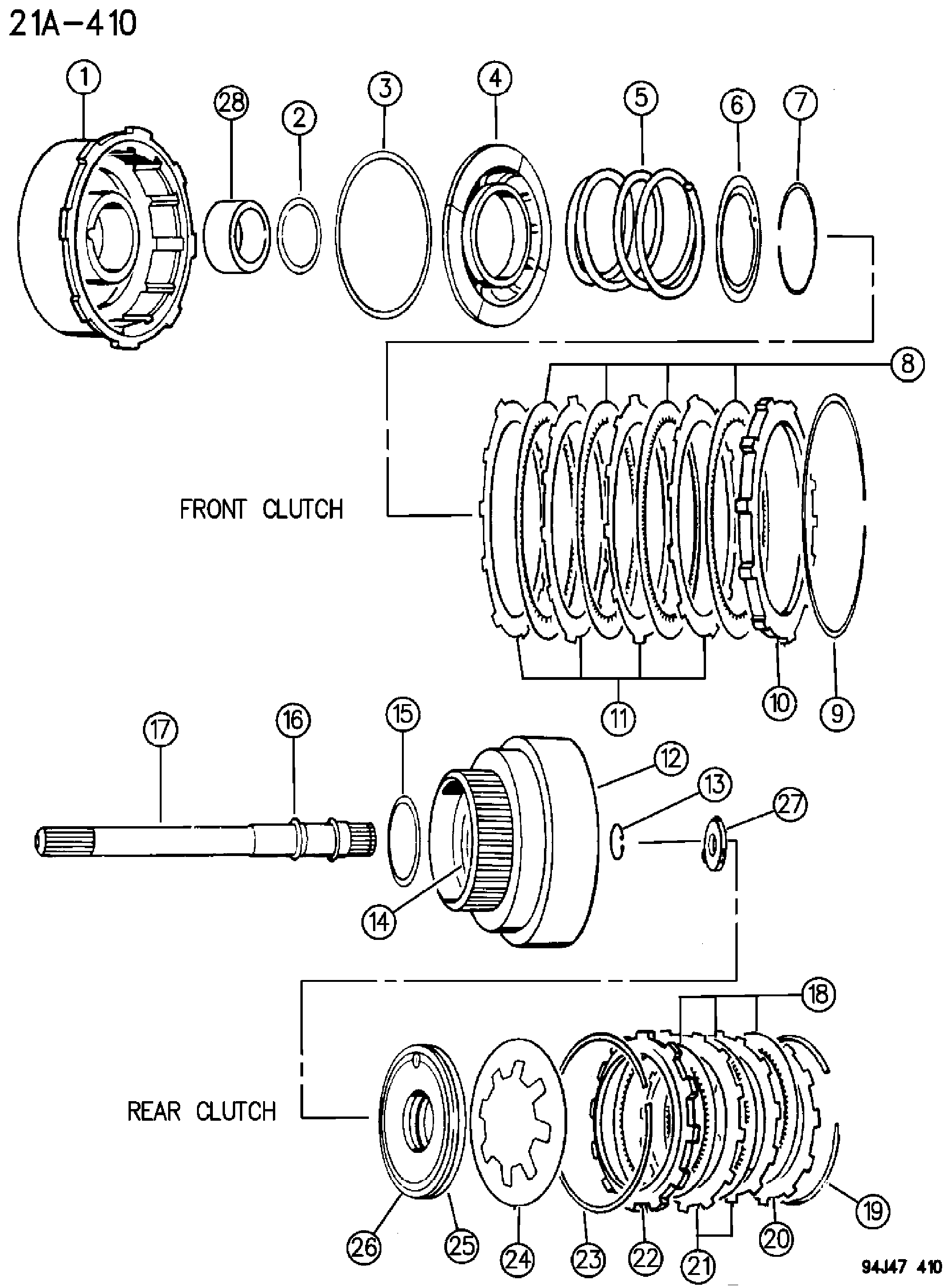 Exploded view: CLUTCH, FRONT AND REAR WITH GEAR TRAIN AUTOMATIC TRANSMISSION, 3 SPEED, 30RH WRANGLER YJ - CHEROKEE XJ