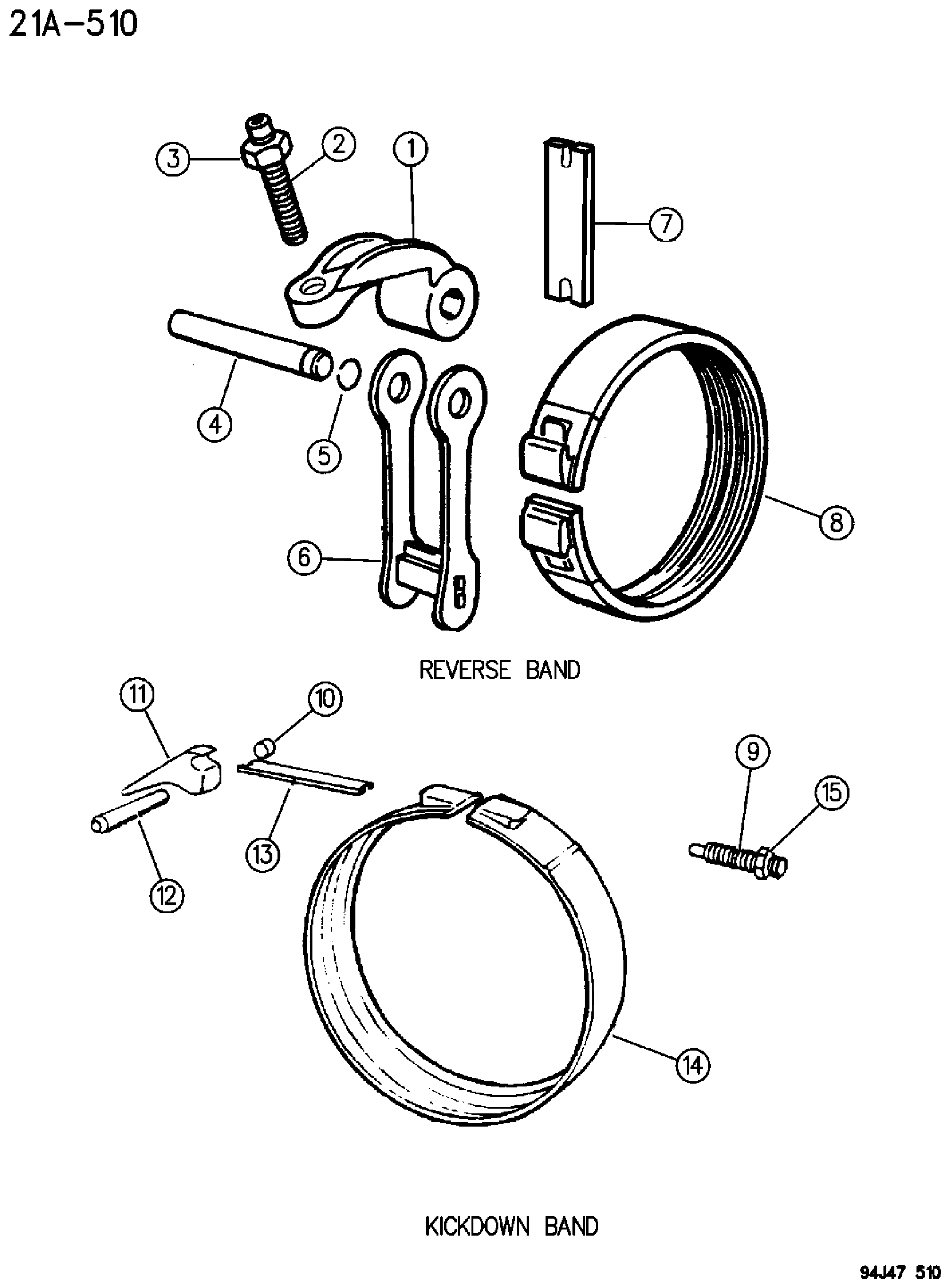 Exploded view: BANDS, REVERSE AND KICKDOWN WITH LINKAGE AUTOMATIC TRANSMISSION, 3 SPEED, 30RH WRANGLER YJ - CHEROKEE XJ