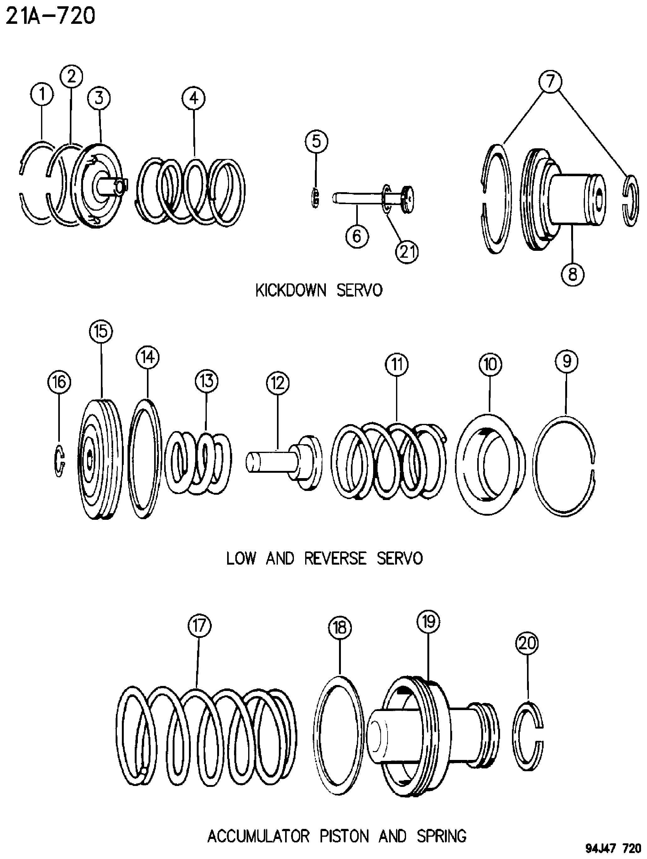 Exploded view: SERVOS, ACCUMULATOR PISTON AND SPRING AUTOMATIC TRANSMISSION, 3 SPEED, 30RH WRANGLER YJ - CHEROKEE XJ