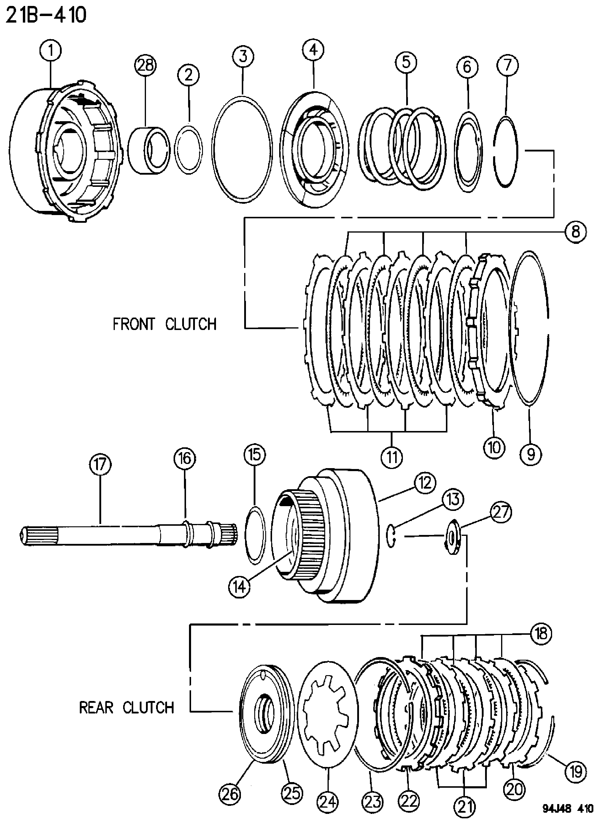 Exploded view: CLUTCH, FRONT AND REAR WITH GEAR TRAIN AUTOMATIC TRANSMISSION, 3 SPEED, 31RH,32RH WRANGLER YJ