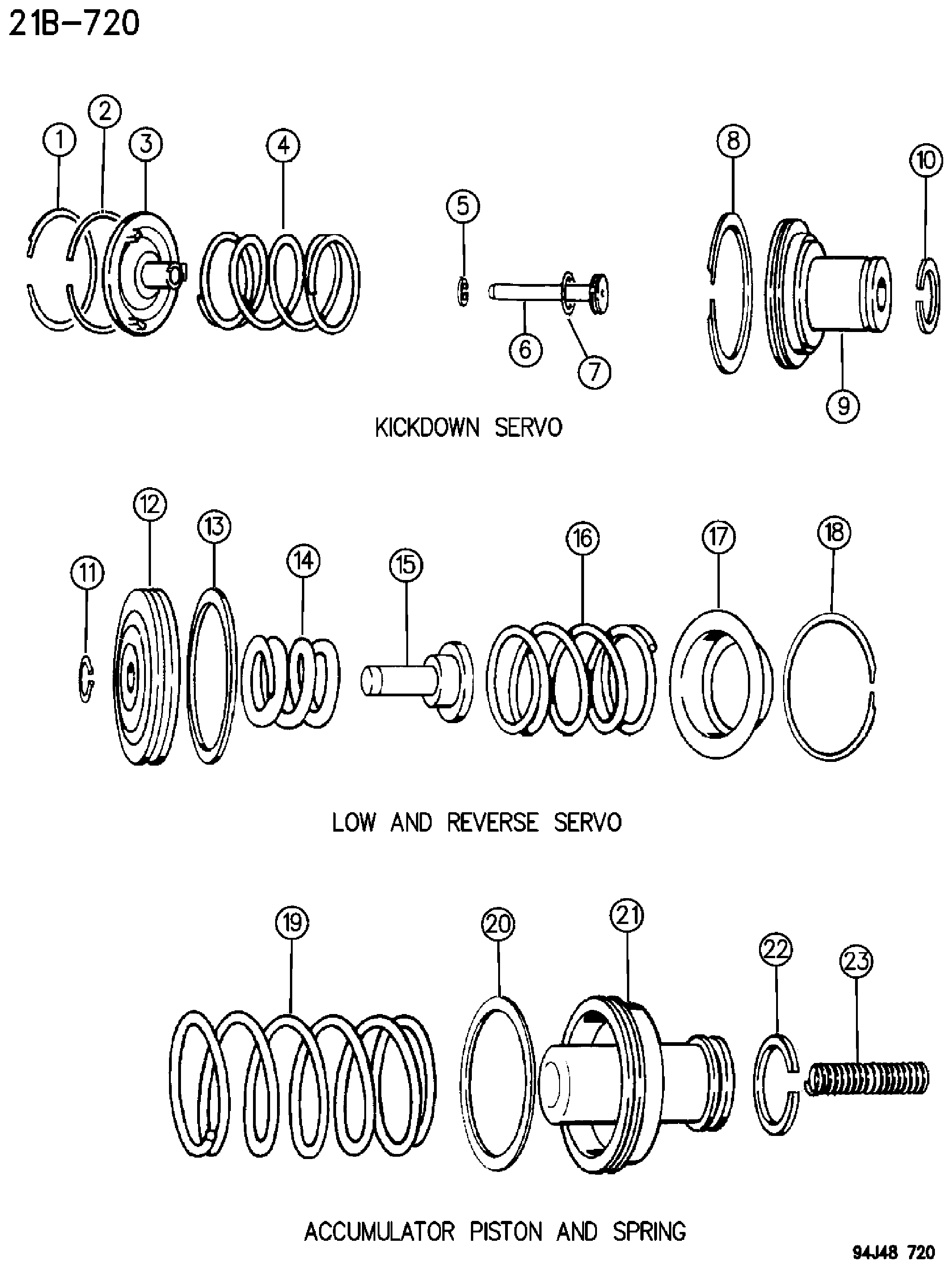 Exploded view: SERVOS, ACCUMULATOR PISTON AND SPRING AUTOMATIC TRANSMISSION, 3 SPEED, 31RH,32RH WRANGLER YJ
