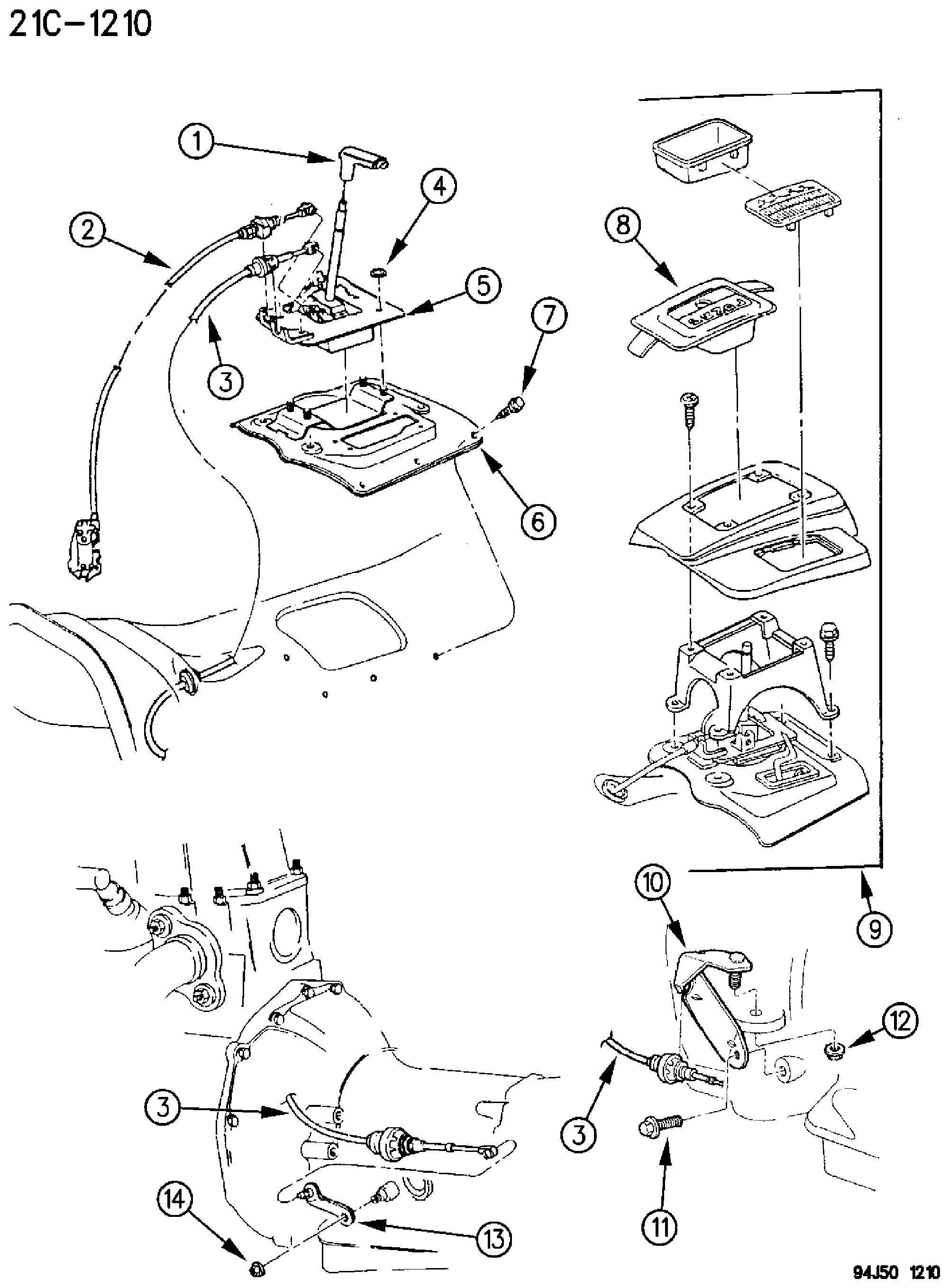 Exploded view: CONTROLS, GEARSHIFT, FLOOR MOUNTED AUTOMATIC TRANSMISSION, 4 SPEED, 42RE GRAND CHEROKEE, ZJ