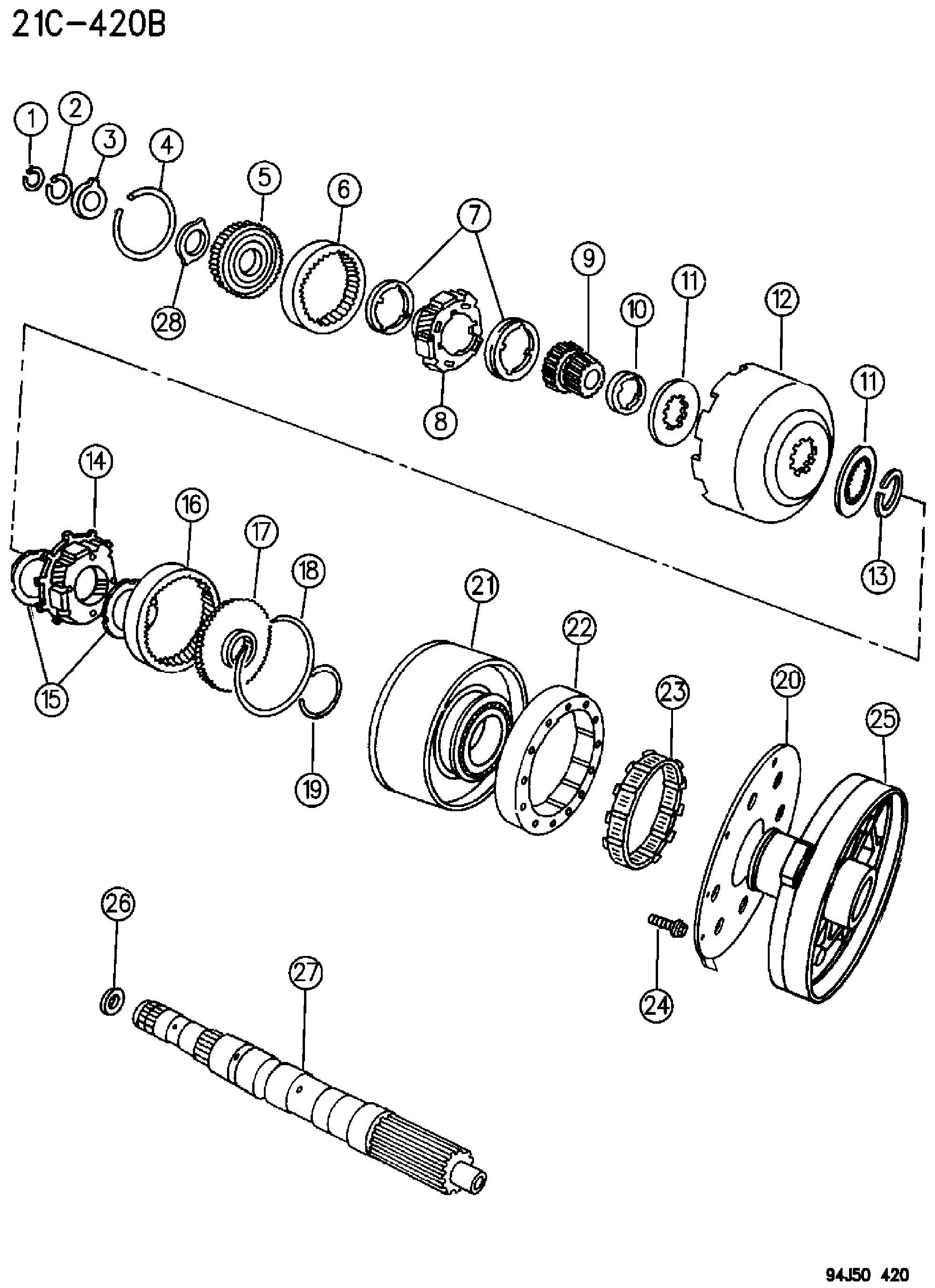 Exploded view: GEAR TRAIN AND INTERMEDIATE SHAFT AUTOMATIC TRANSMISSION, 4 SPEED, 42RE GRAND CHEROKEE ZJ