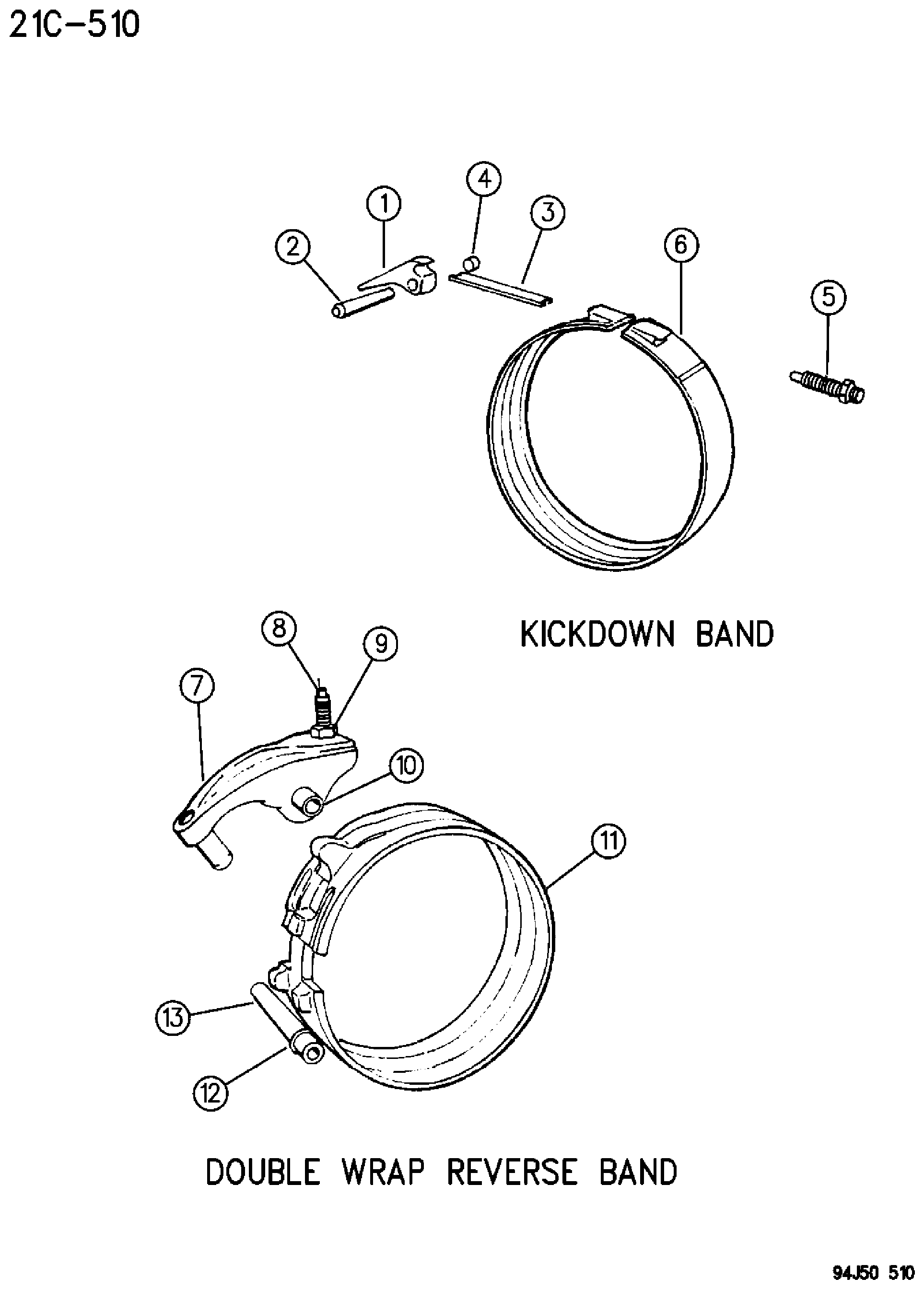 Exploded view: BANDS, REVERSE AND KICKDOWN WITH LINKAGE AUTOMATIC TRANSMISSION, 4 SPEED, 42RE GRAND CHEROKEE ZJ