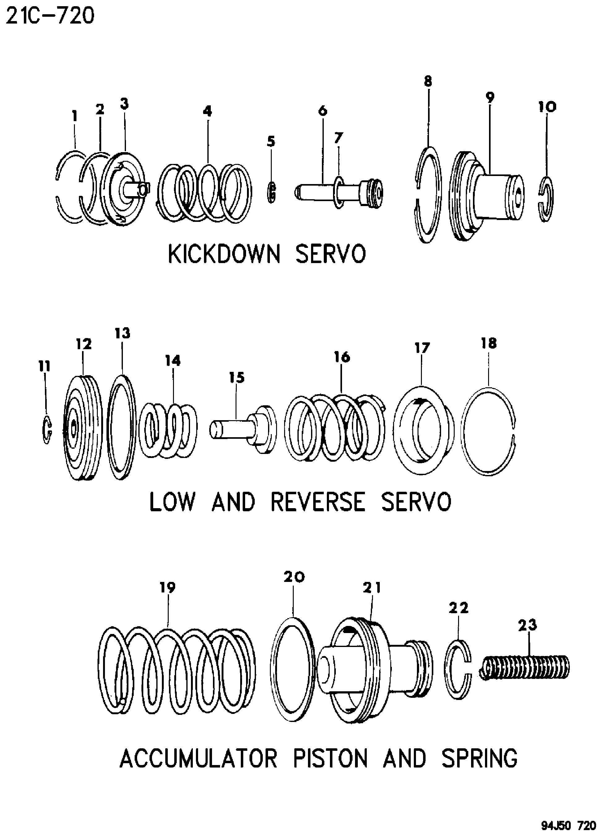 Exploded view: SERVOS, ACCUMULATOR PISTON AND SPRING AUTOMATIC TRANSMISSION, 4 SPEED, 42RE GRAND CHEROKEE ZJ