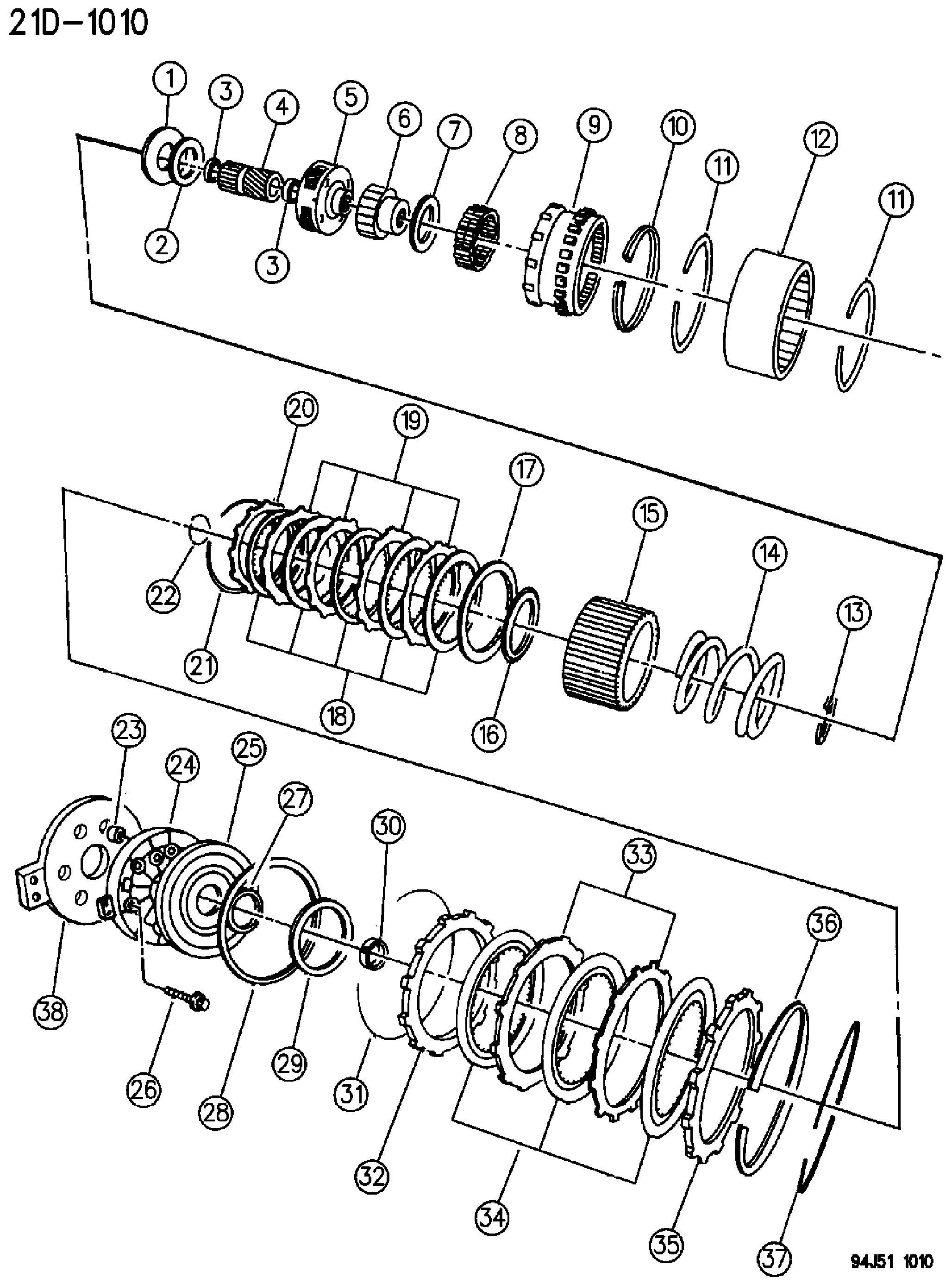 Exploded view: CLUTCH, OVERDRIVE WITH GEAR TRAIN AUTOMATIC TRANSMISSION, 4 SPEED, 46RH GRAND CHEROKEE ZJ