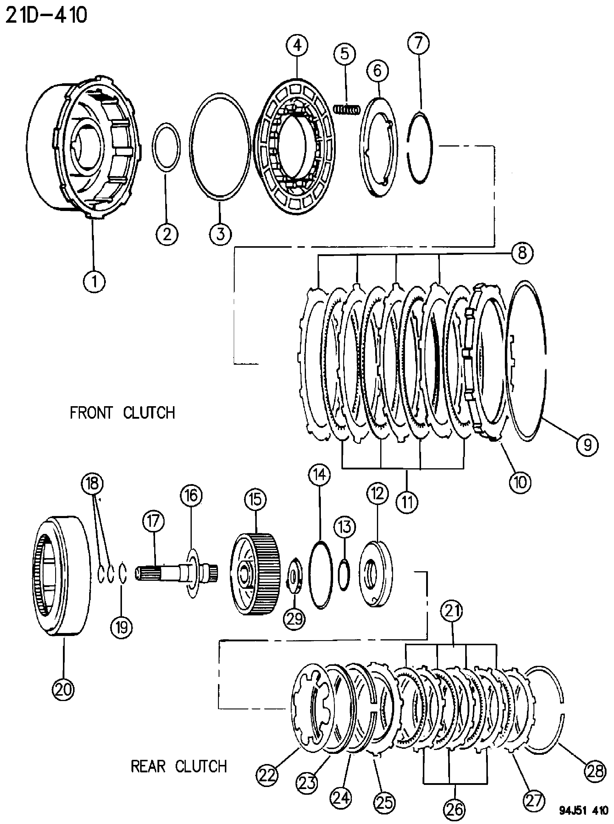 Exploded view: CLUTCH, FRONT AND REAR WITH GEAR TRAIN AUTOMATIC TRANSMISSION, 4 SPEED, 46RH GRAND CHEROKEE ZJ