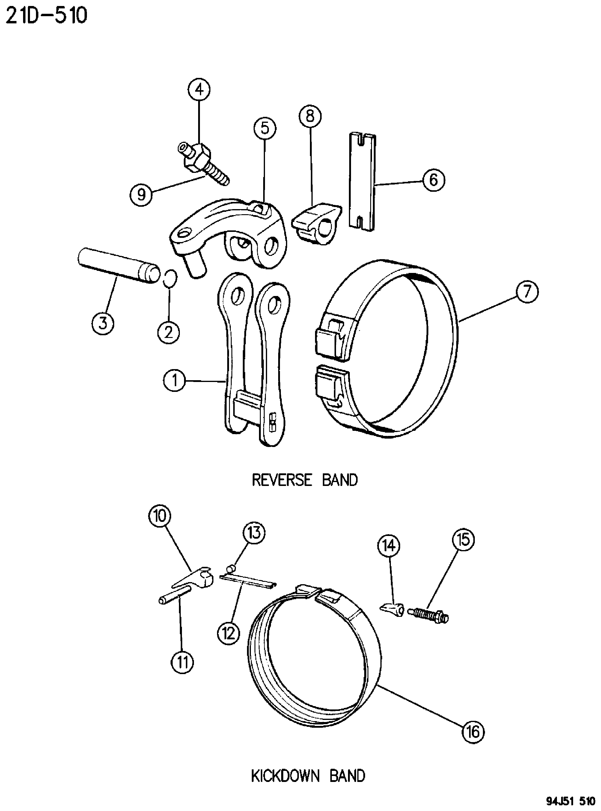Exploded view: BANDS, REVERSE AND KICKDOWN WITH LINKAGE AUTOMATIC TRANSMISSION, 4 SPEED, 46RH GRAND CHEROKEE ZJ