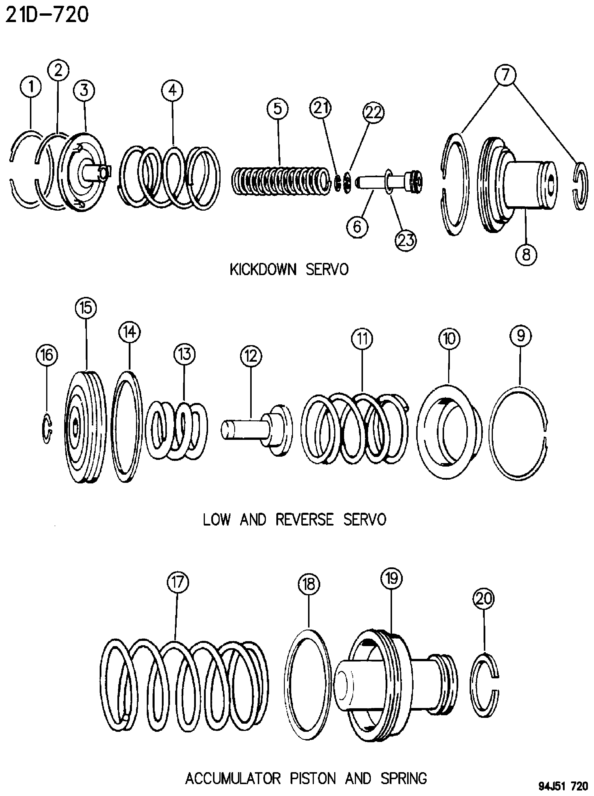 Exploded view: SERVOS, ACCUMULATOR PISTON AND SPRING AUTOMATIC TRANSMISSION, 4 SPEED, 46RH GRAND CHEROKEE ZJ