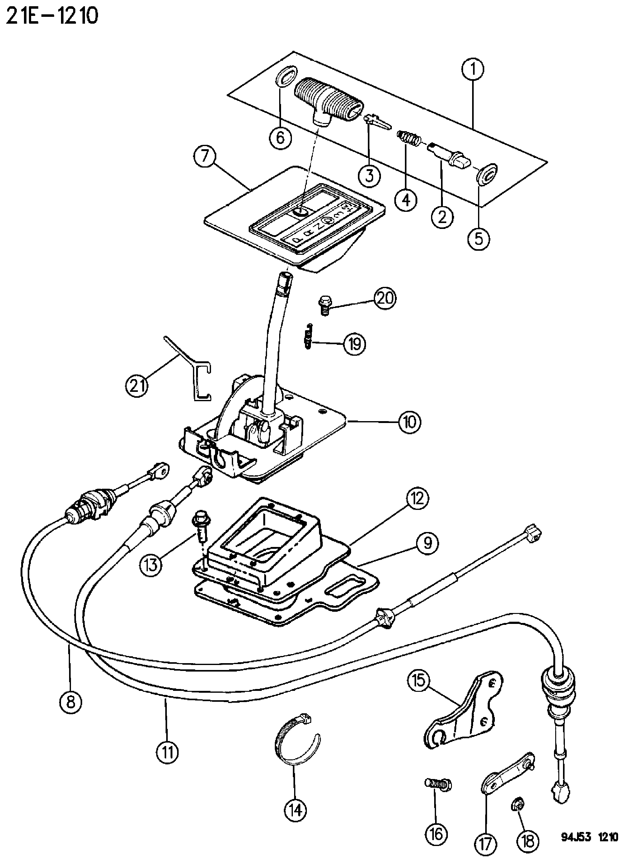 Exploded view: CONTROLS, GEARSHIFT, FLOOR MOUNTED AUTOMATIC TRANSMISSION, AW4 CHEROKEE XJ