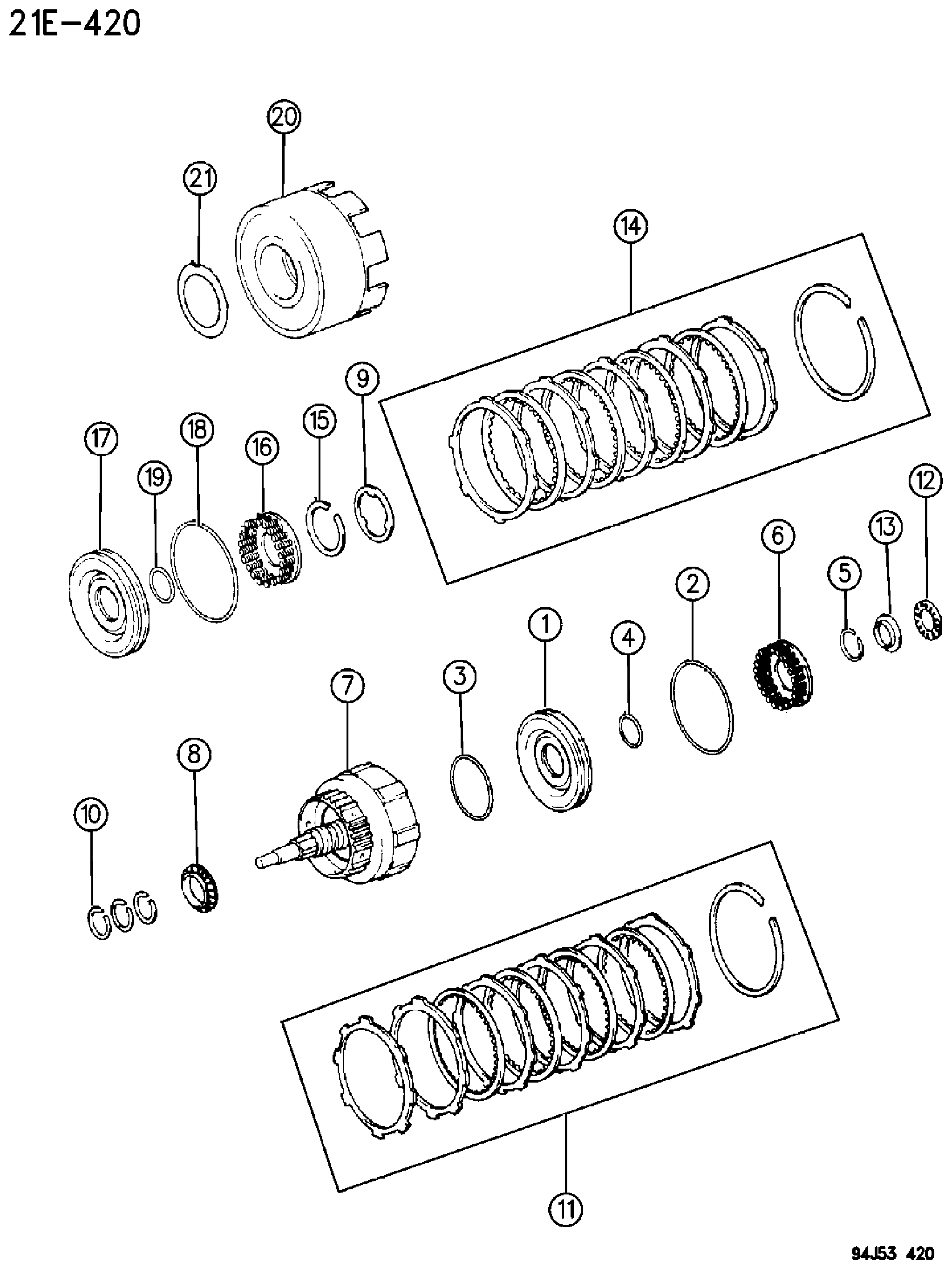 Exploded view: CLUTCHES, FORWARD AND DIRECT AUTOMATIC TRANSMISSION, 4 SPEED, AW4 CHEROKEE XJ
