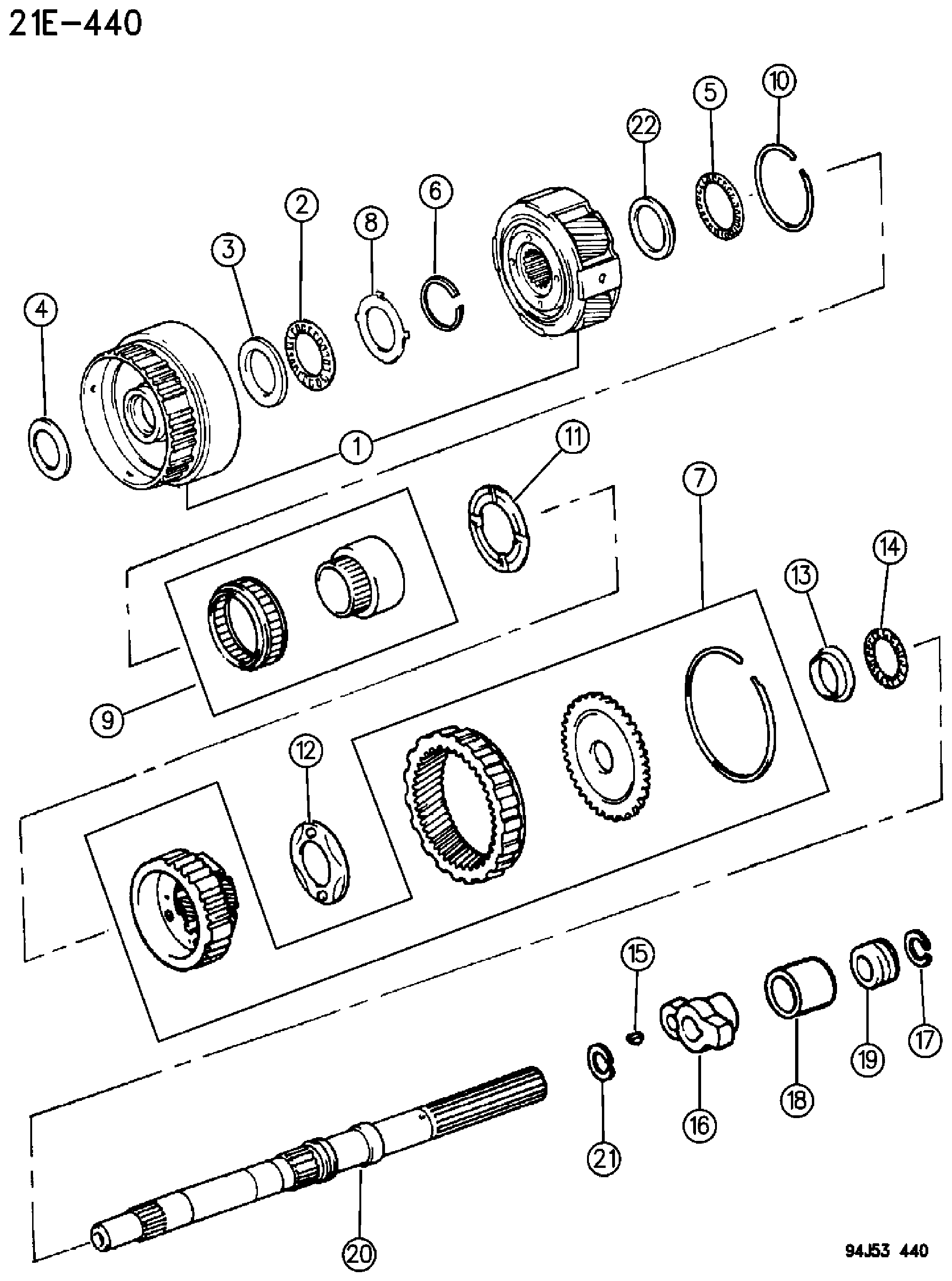 Exploded view: GEAR TRAIN AND OUTPUT SHAFT AUTOMATIC TRANSMISSION, 4 SPEED, AW4 CHEROKEE XJ