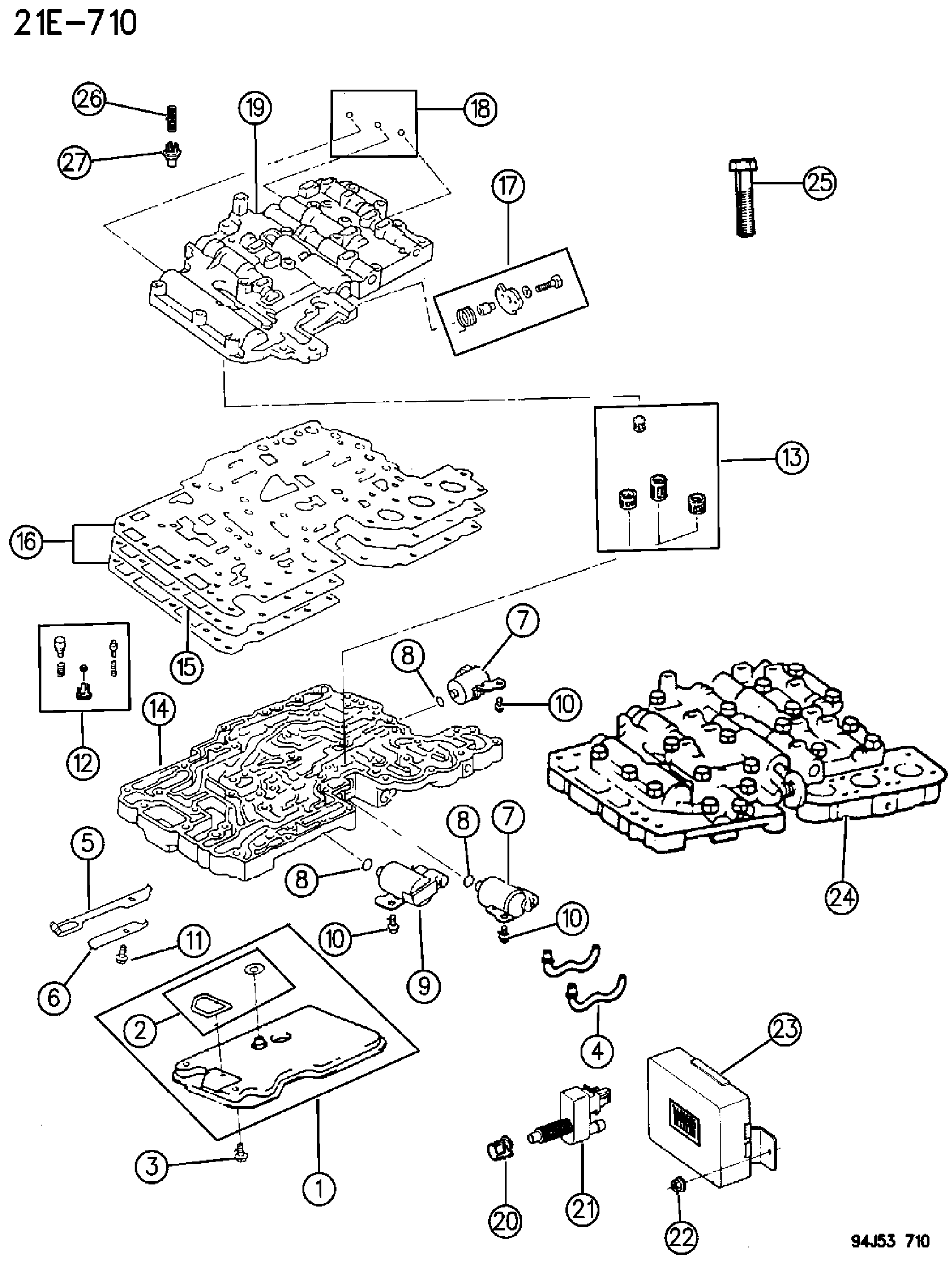 Exploded view: VALVE BODY AND ELECTRONIC CONTROL AUTOMATIC TRANSMISSION, 4 SPEED, AW4 CHEROKEE XJ