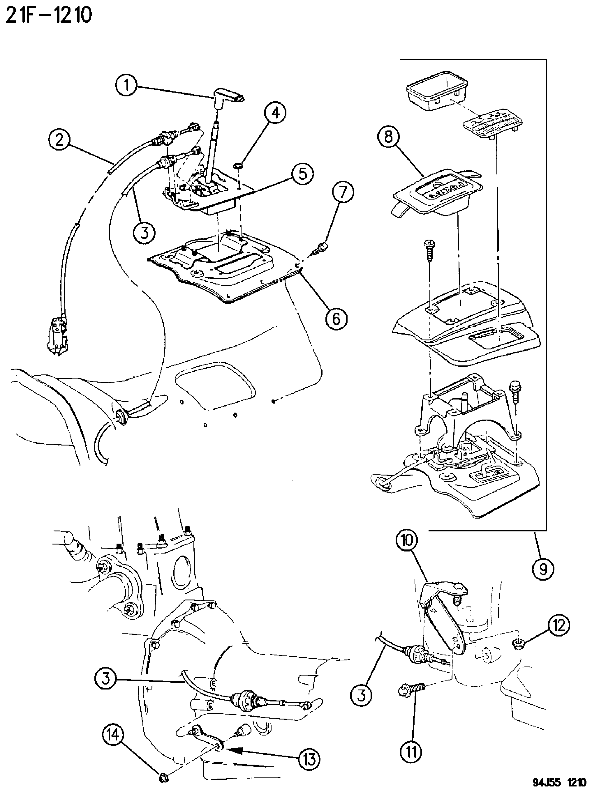 Exploded view: CONTROLS, GEARSHIFT, FLOOR MOUNTED AUTOMATIC TRANSMISSION, 4 SPEED, 44RE GRAND CHEROKEE