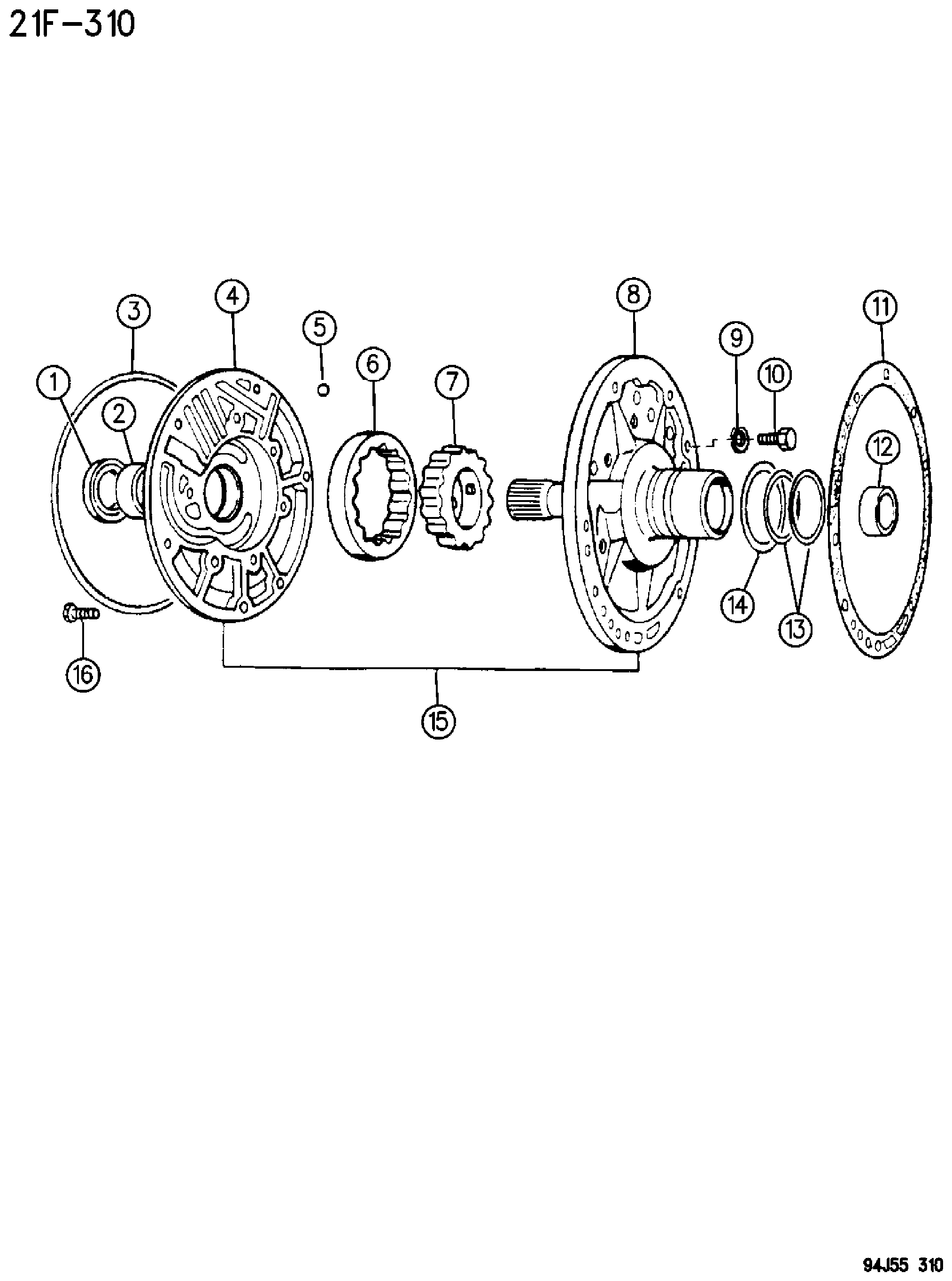 Exploded view: PUMP, OIL WITH REACTION SHAFT AUTOMATIC TRANSMISSION, 4 SPEED, 44RE GRAND CHEROKEE ZJ
